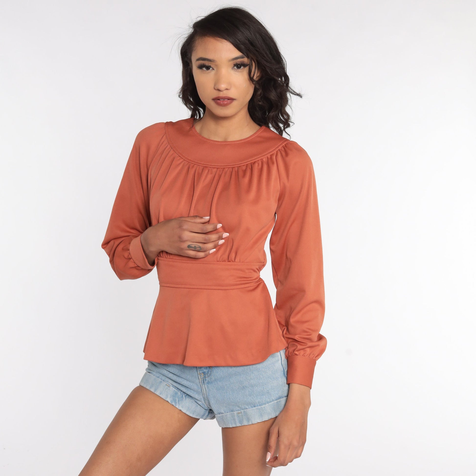 70s Peasant Blouse Terracotta Empire Waist Long Sleeve Shirt Small Medium
