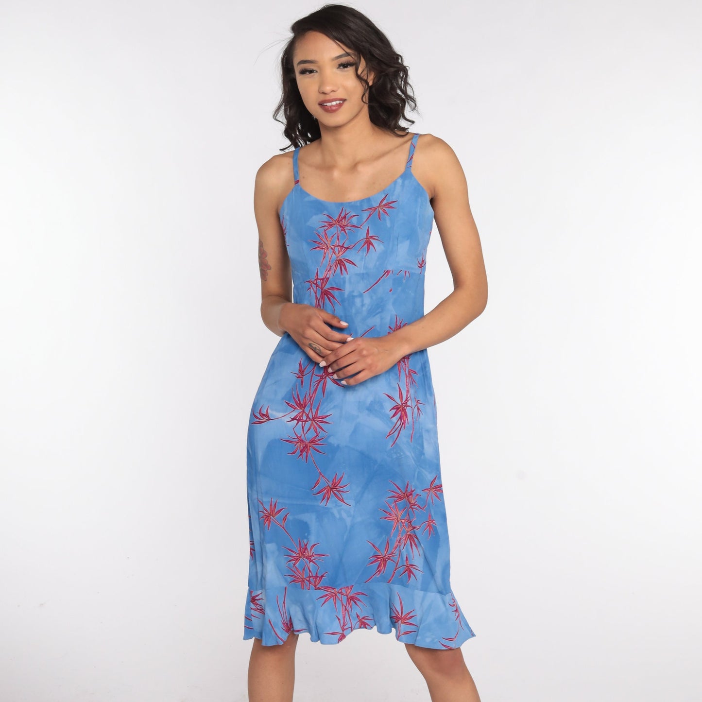 90s Tropical Floral Mini Sundress Blue Rayon Spaghetti Strap Extra Small