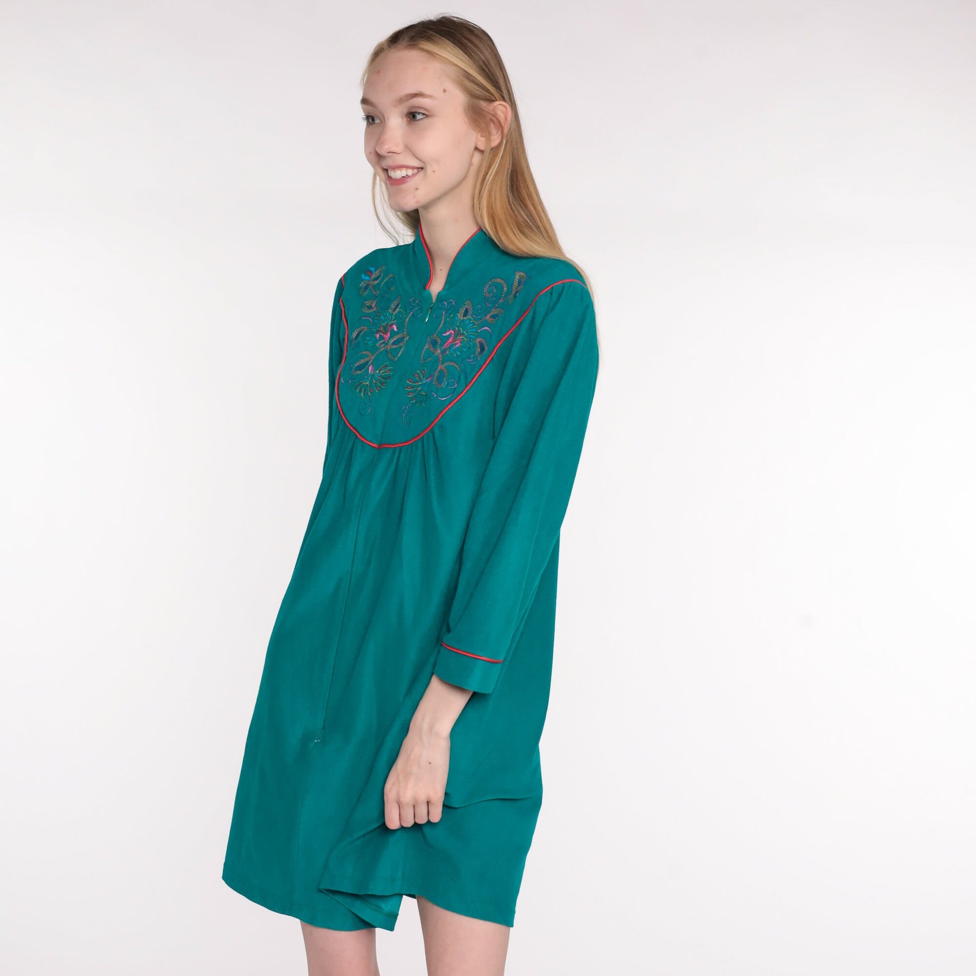 70s Velour Lounge Dress Teal Floral Embroidered Mini Front Zip Small Medium