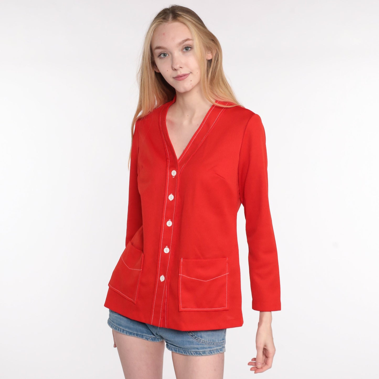 70s Red Polyester Button-Up Blouse Long Sleeve Pocket Shirt Medium