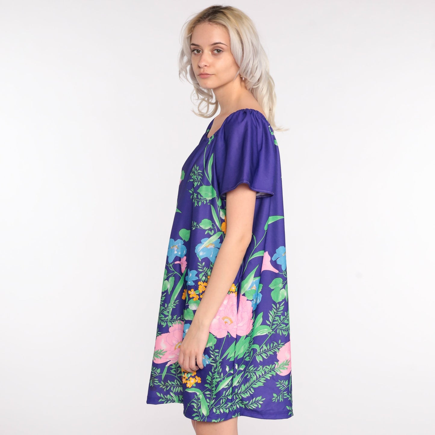 70s Tropical Floral Tent Dress Mini Hawaiian Tunic Medium Large