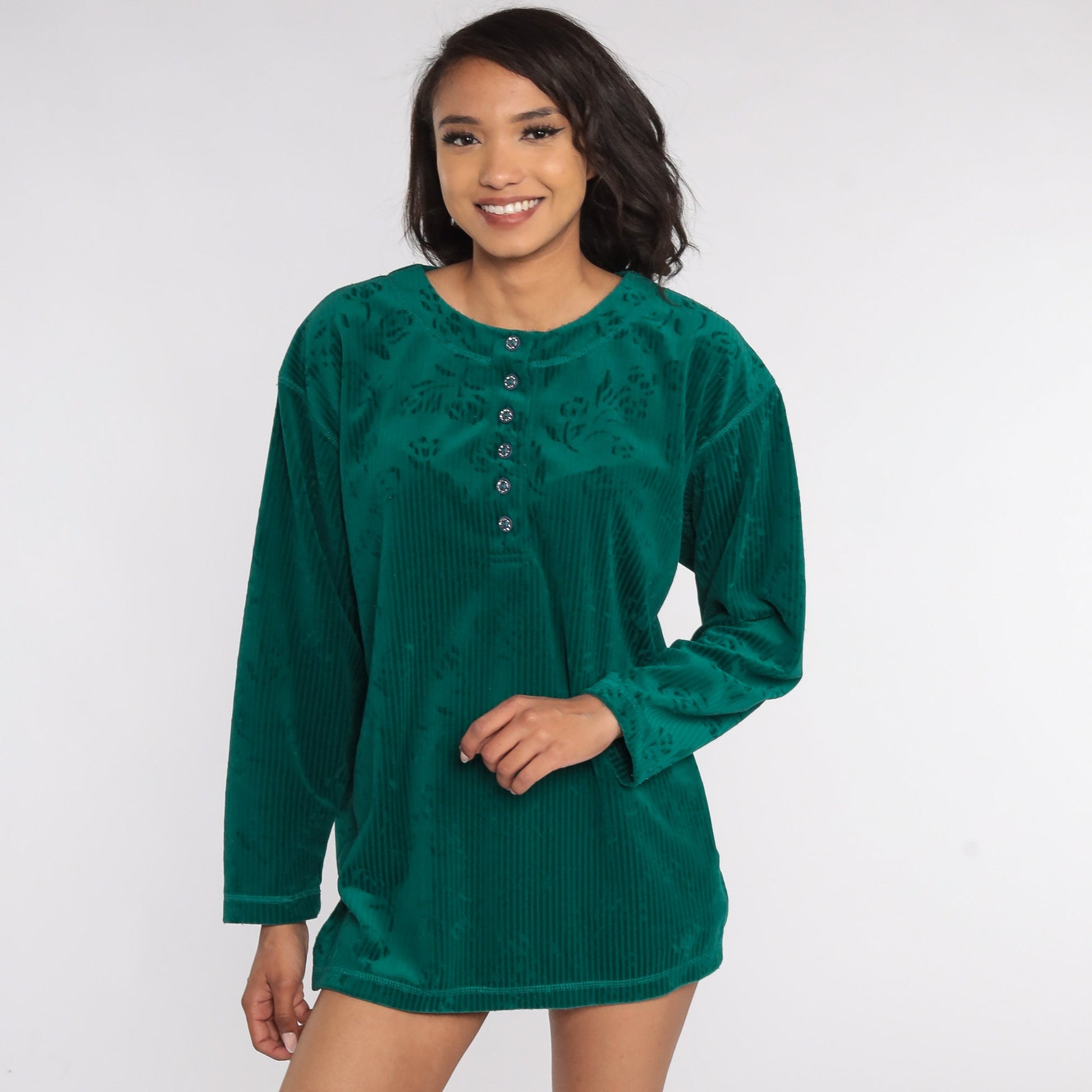 90s Green Floral Velour Henley Long Sleeve Shirt Medium