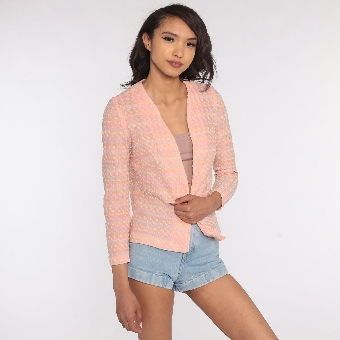 70s Baby Pink Flecked Open Front Blouse Long Sleeve Small