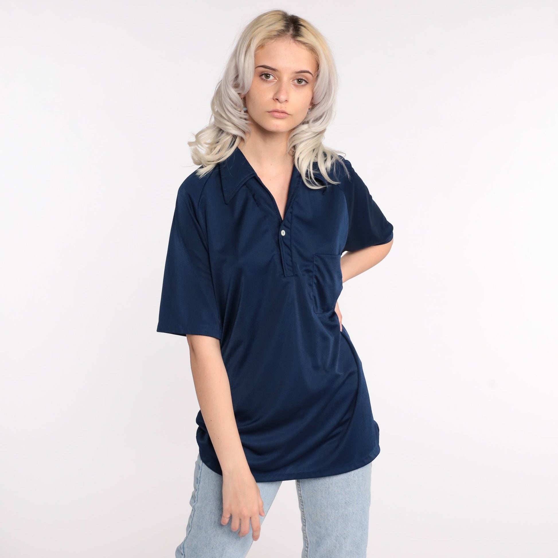70s Dark Blue Polo Shirt Button-Up Collared Short Sleeve Large L