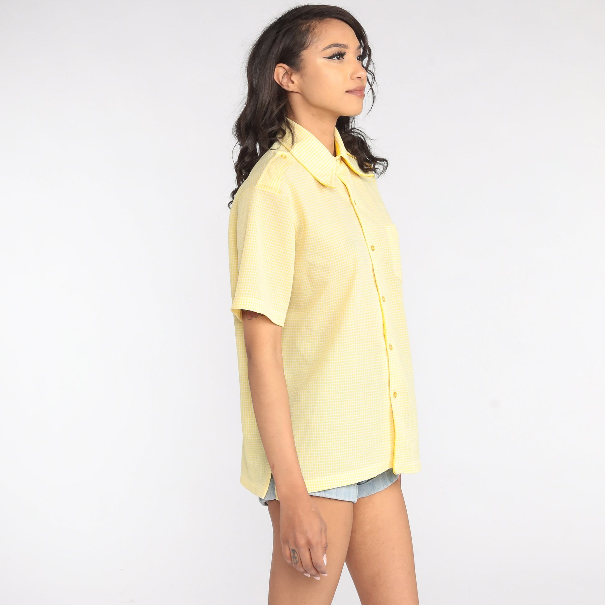 70s Yellow Grid Print Button Up Shirt Short Sleeve Epaulette Top Large