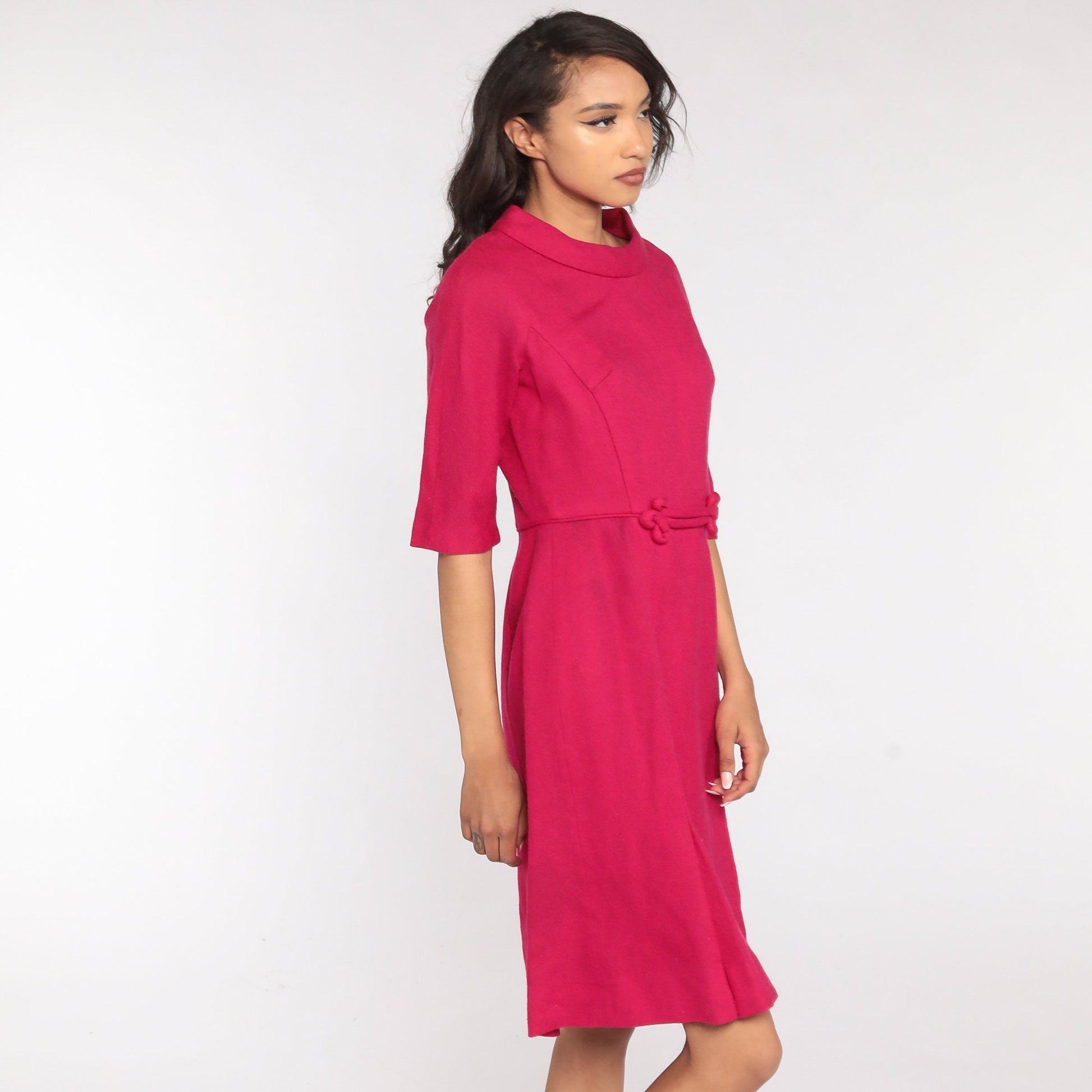 1960s Deep Pink Wool Mini Dress High Waist 3/4 Sleeve Small