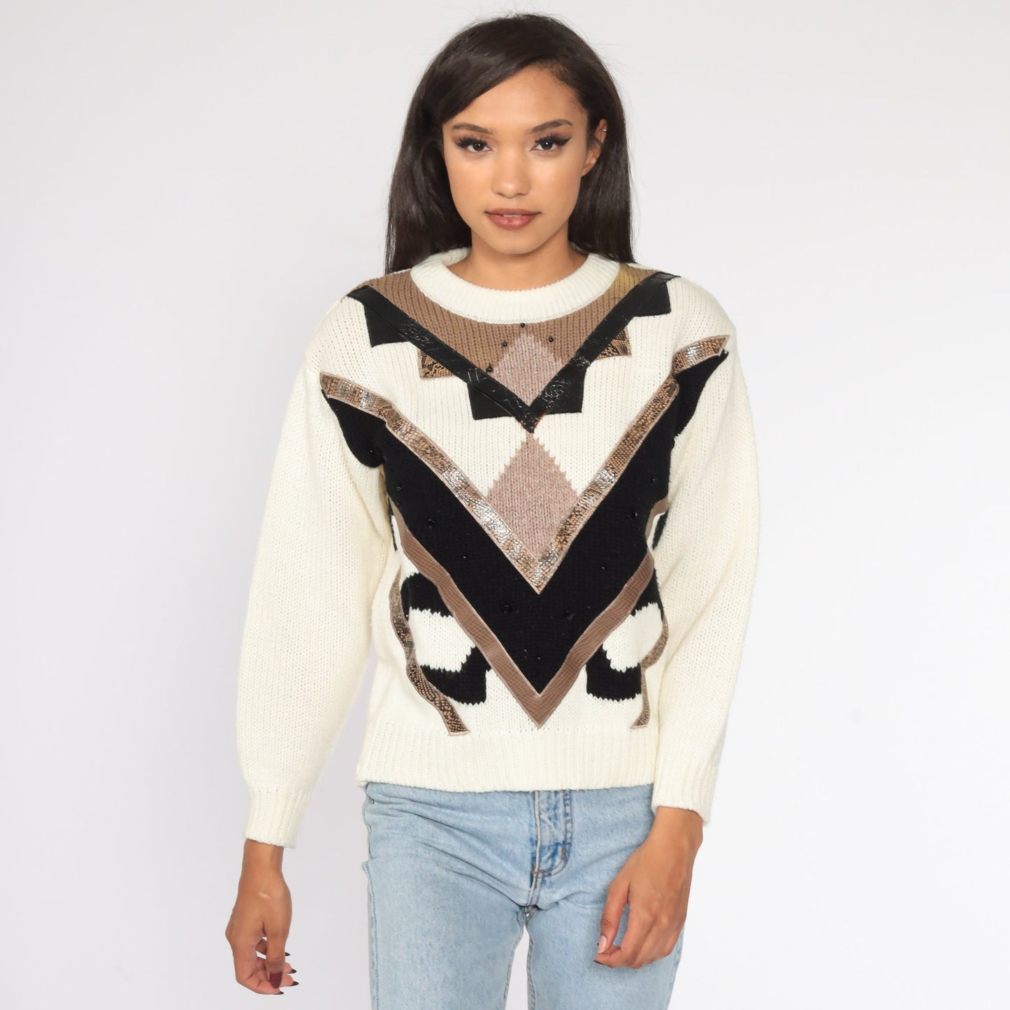 80s Geometric Knit Sweater Cream Pullover Slouchy Medium