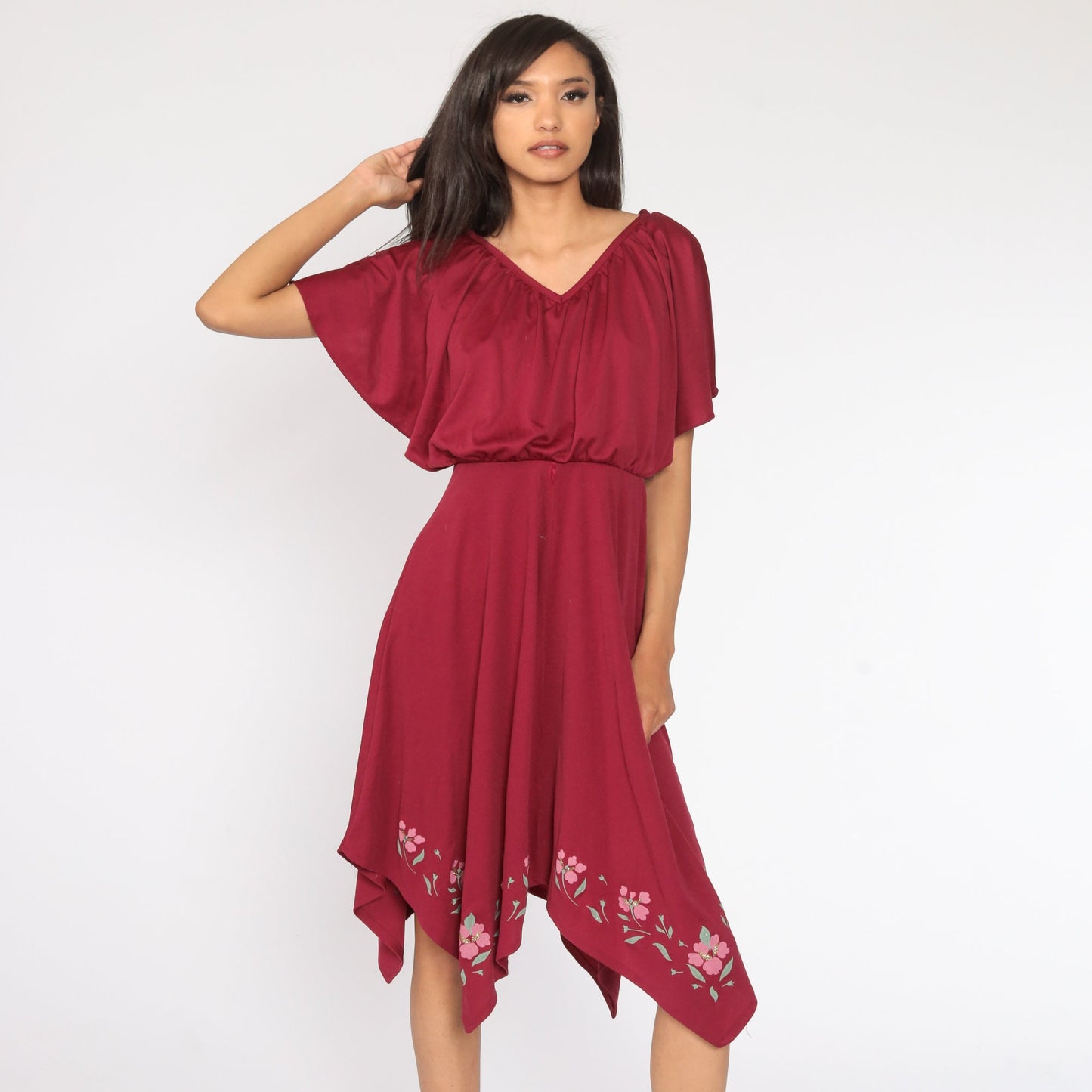 70s Grecian Midi Dress Burgundy Floral High-Low Scarf Hem Small Medium