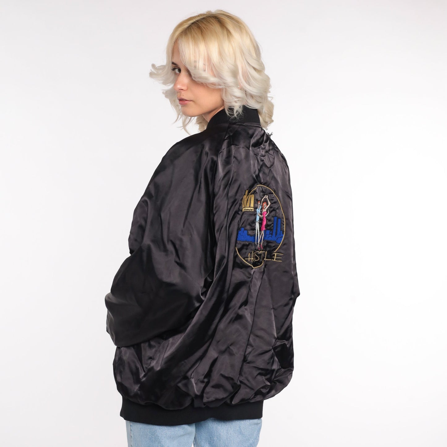 80s DKN Dance Black Bomber Jacket Satin Windbreaker Extra Large XL