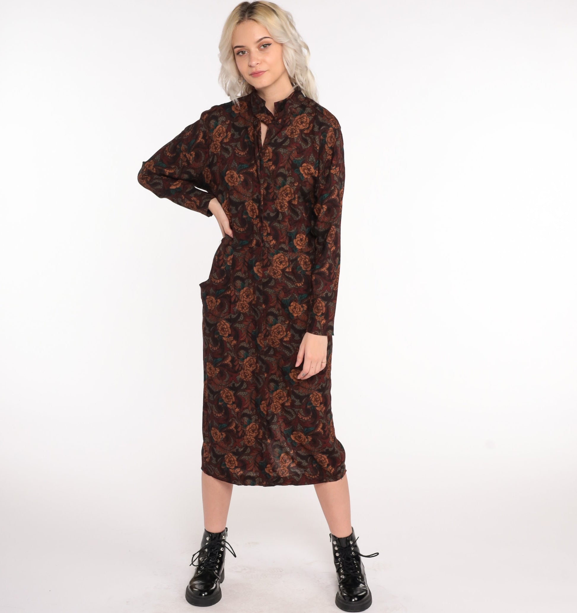 80s Floral Midi Dress Brown High-Waisted Keyhole Long Sleeve Medium