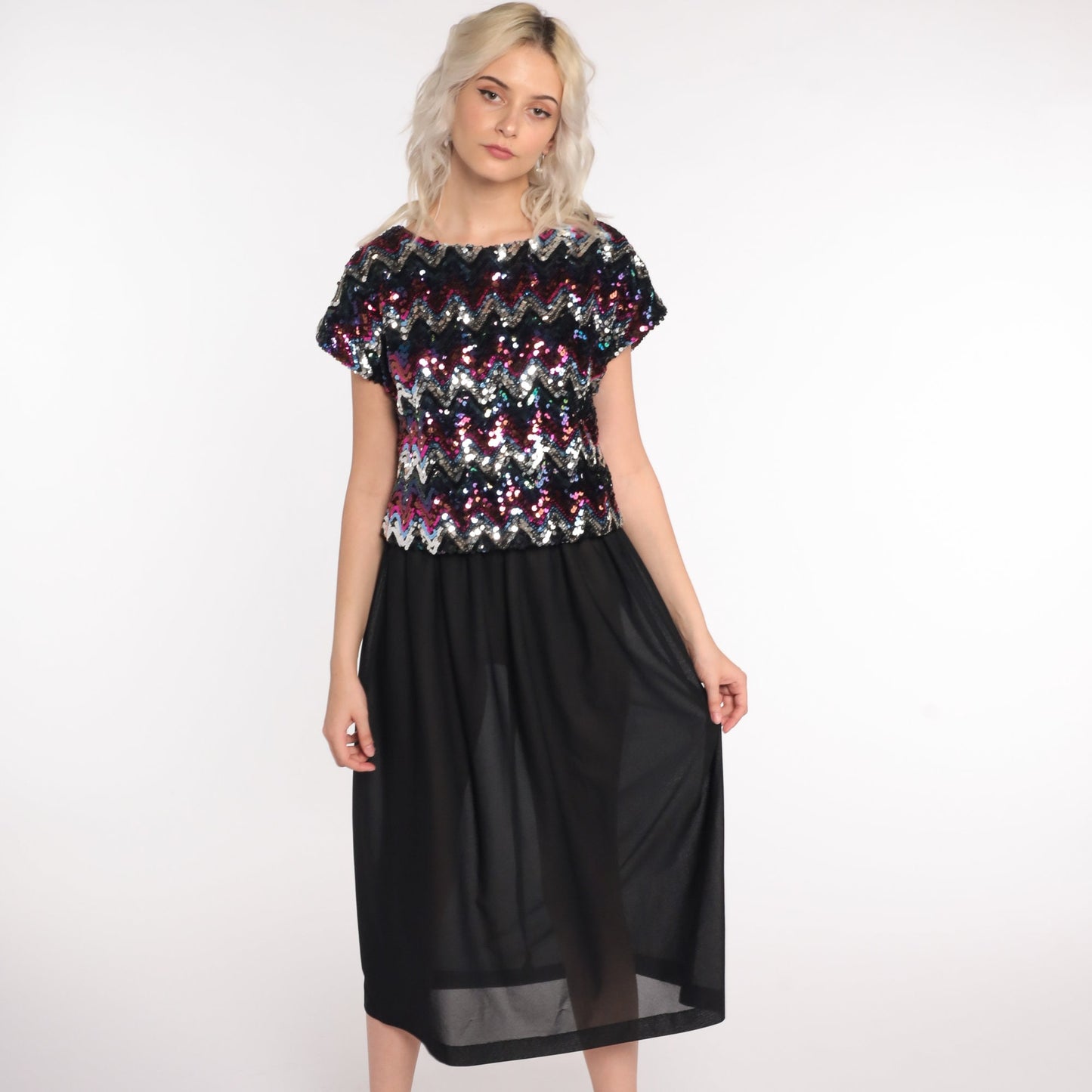 80s Black Sequin Midi Dress Short Sleeve High Waist Party Disco Small Medium