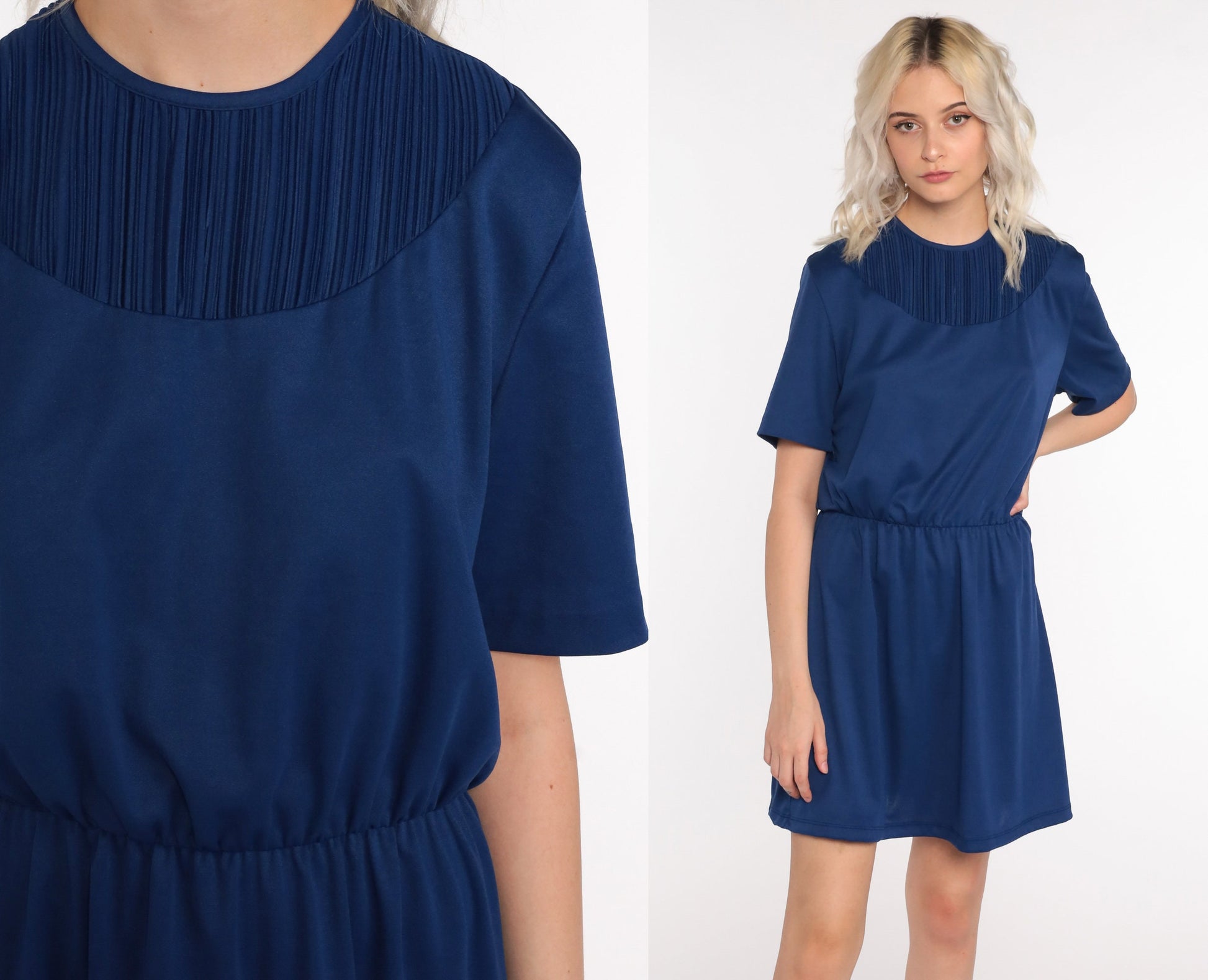 70s Dark Blue Mini Dress High Waist Pleated Chest Short Sleeve Medium