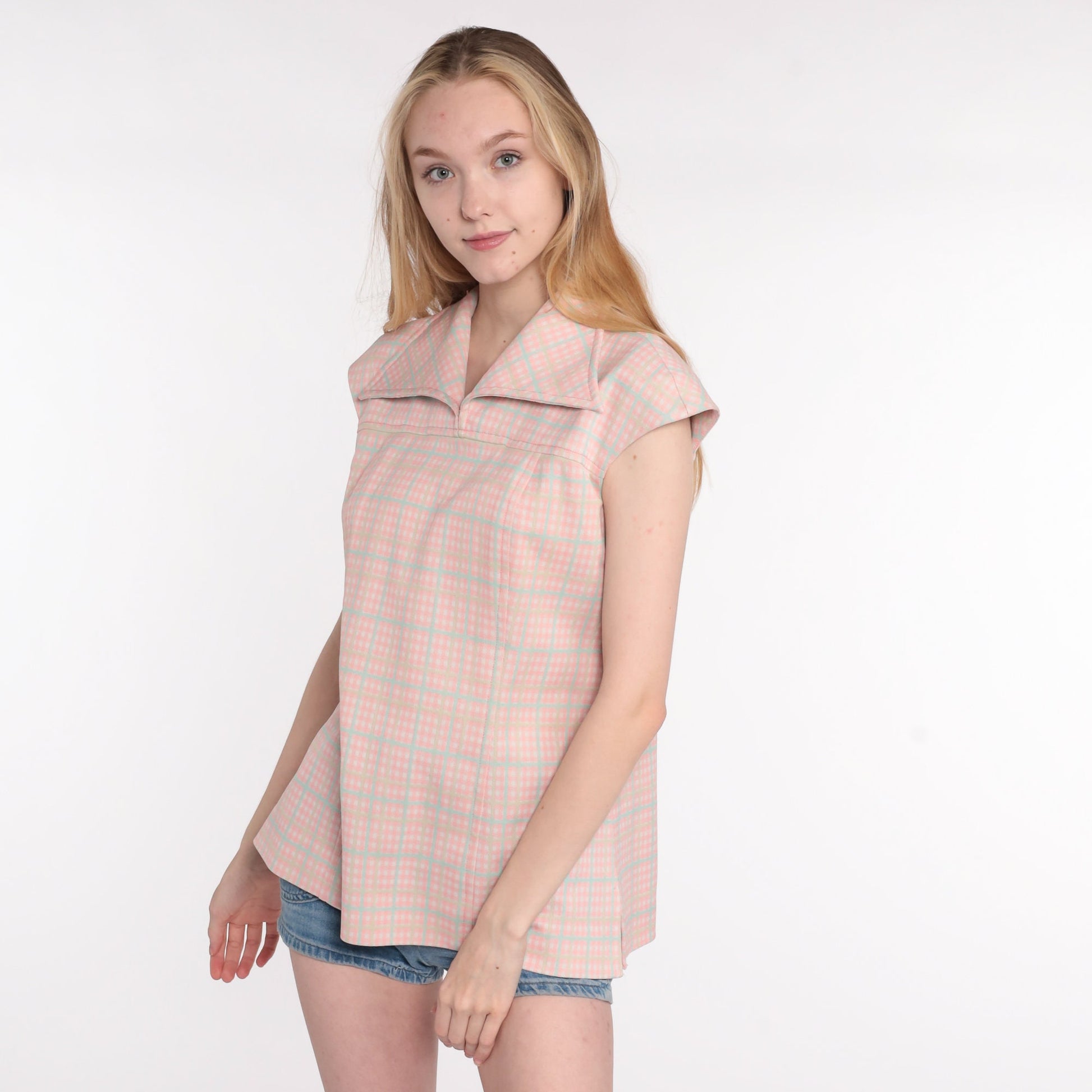 70s Pink Plaid Cap Sleeve Blouse Checkered Vintage Small Medium