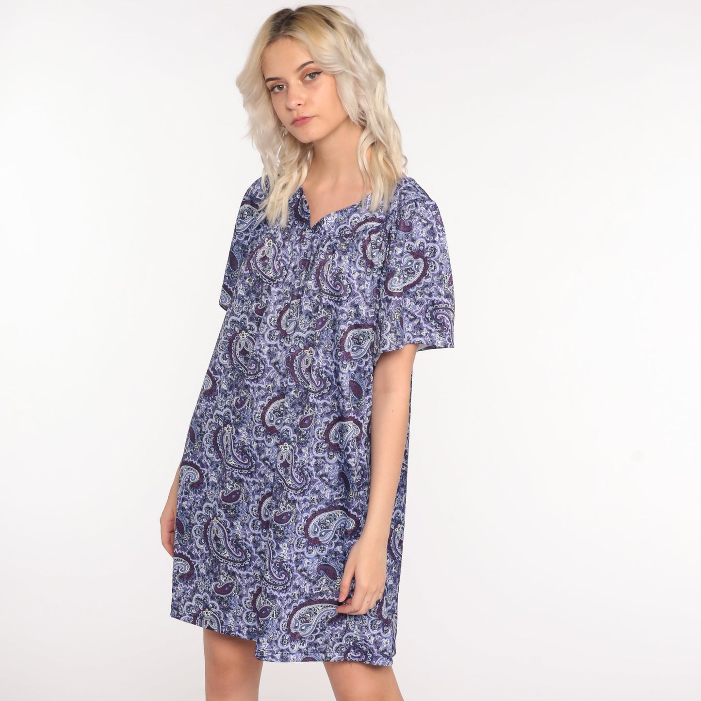 90s Purple Paisley Tent Mini Dress Short Sleeve Psychedelic Print Large L