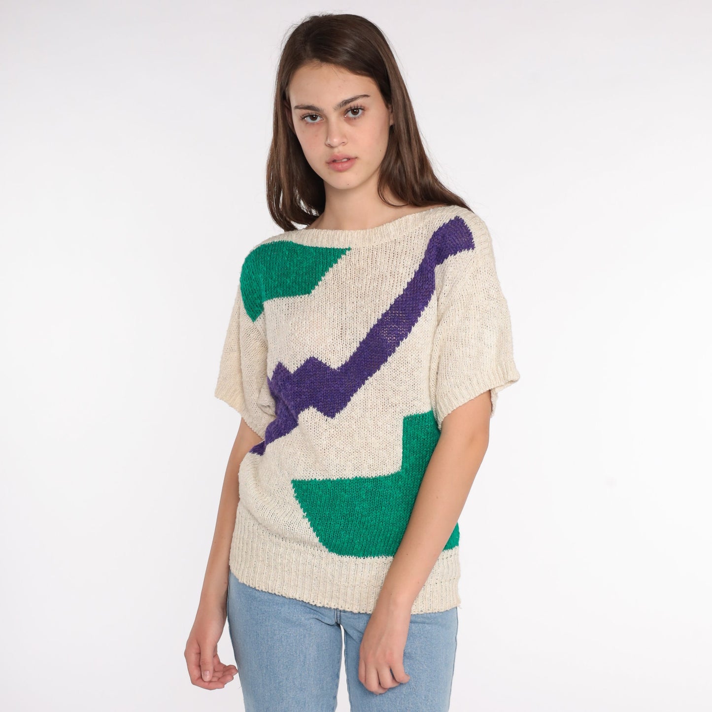 80s Liz Claiborne Geometric Colour Block Knit Top Beige Green Medium