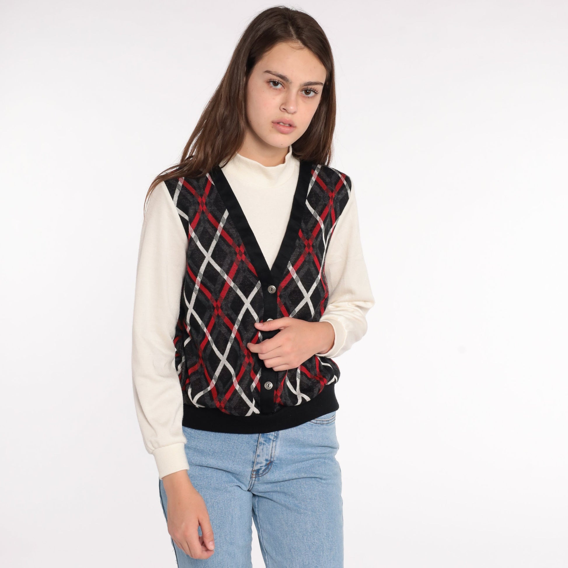 80s Plaid Mock Neck Sweatshirt with Attached Vest Small