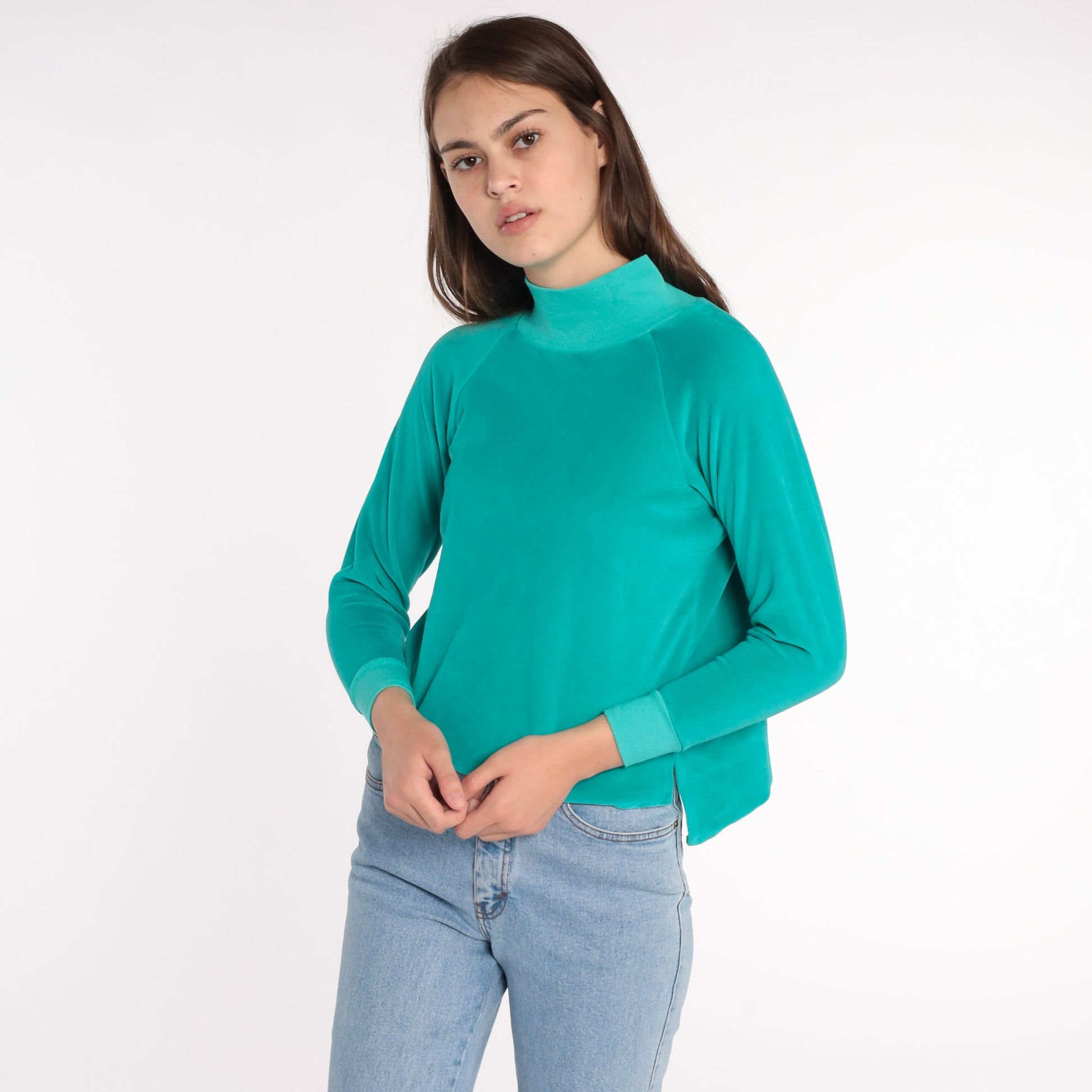 80s Teal Velour Mock Neck Long Sleeve Shirt Small
