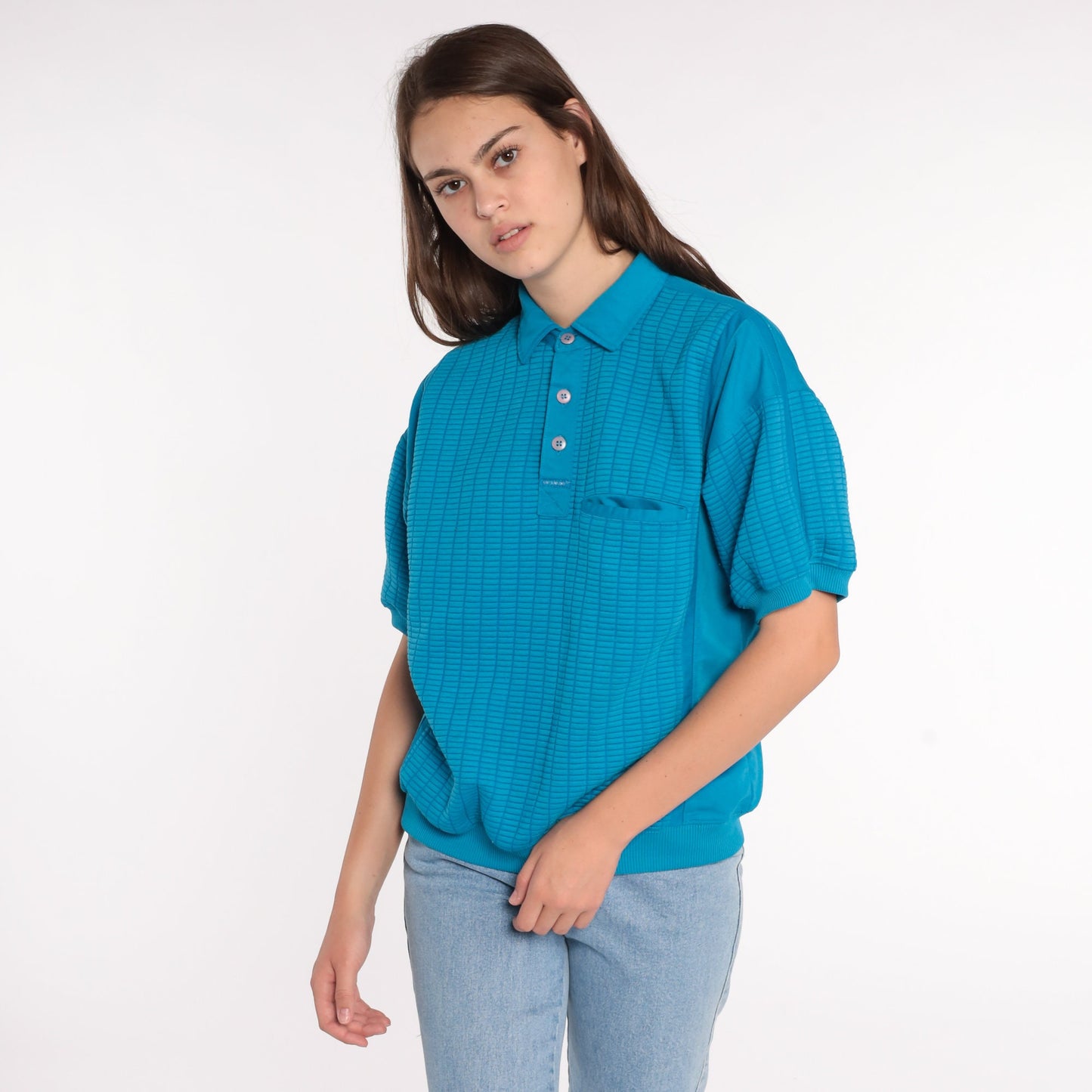 80s Blue Polo Shirt Short Sleeve Button Neck Vintage Top Large