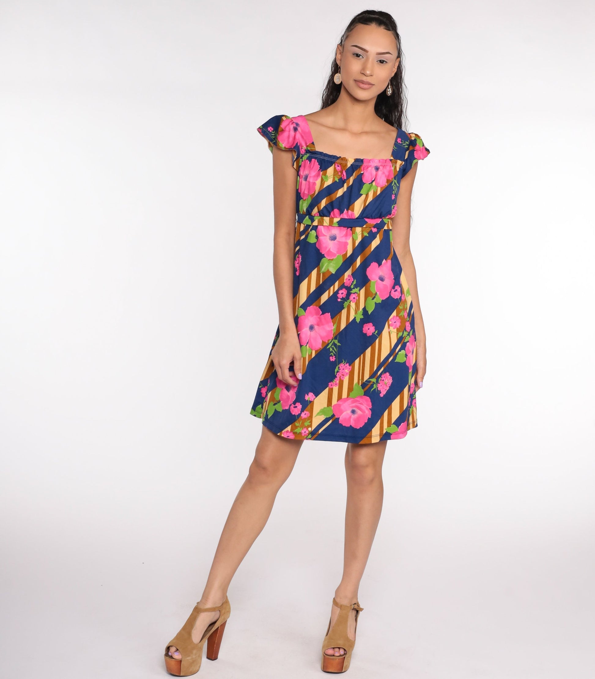 70s Floral Mini Dress Empire Waist Flutter Sleeve Blue Pink Small Medium