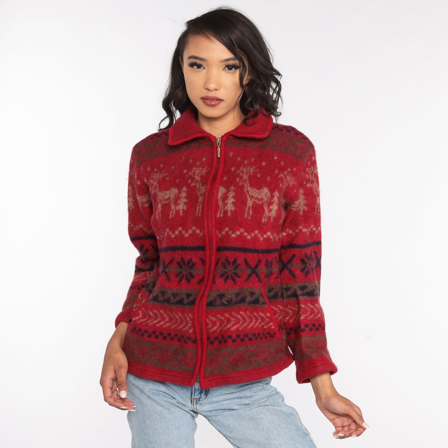 90s Venezia Wool Nordic Reindeer Zip Jacket Red Fair Isle Large L