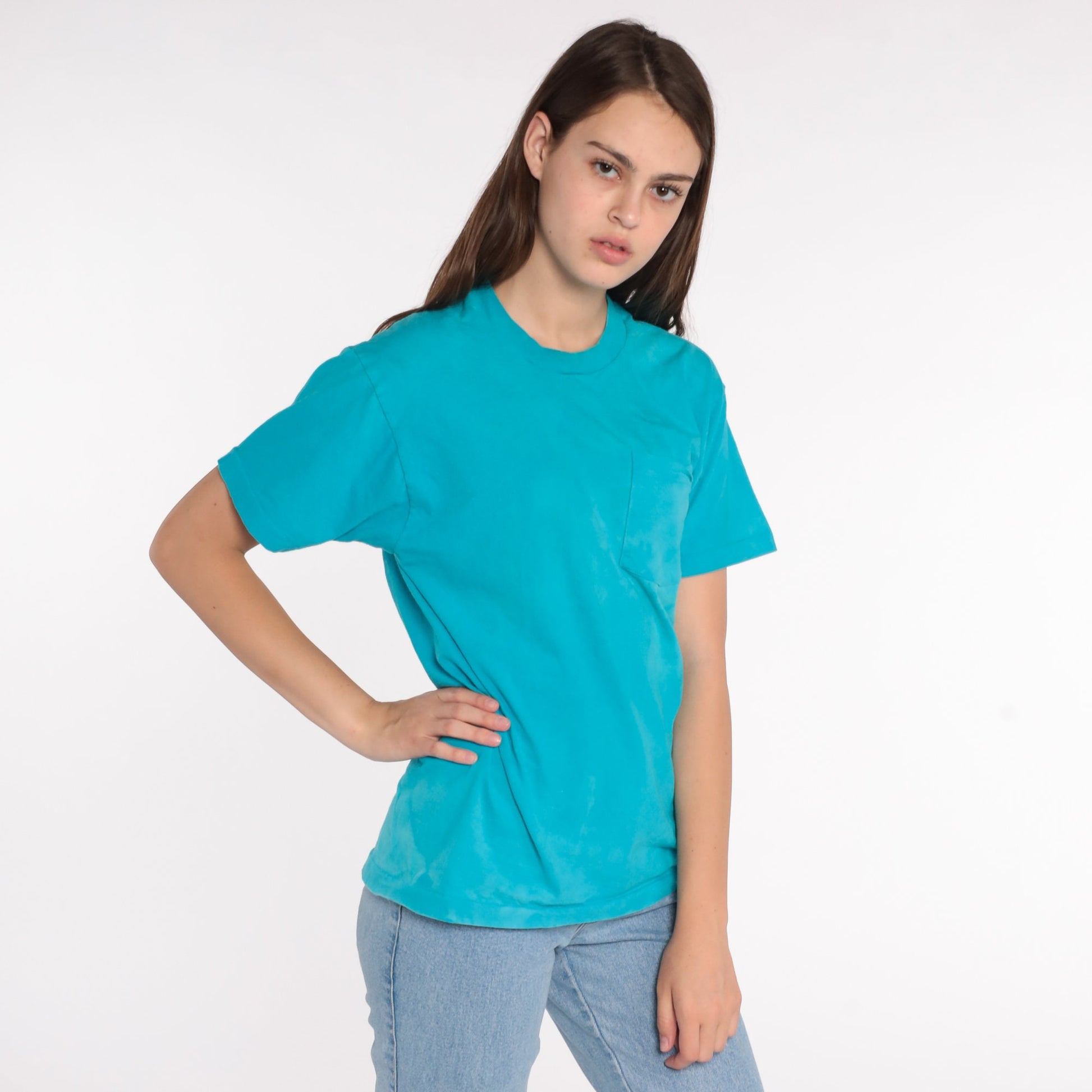 80s Blue Pocket T-Shirt Single Stitch Cotton Tee Medium