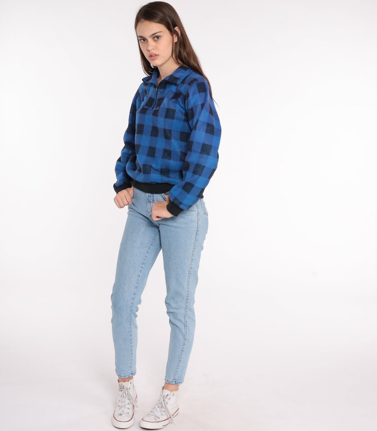 90s Buffalo Plaid Fleece Quarter Zip Jacket Blue Black Small