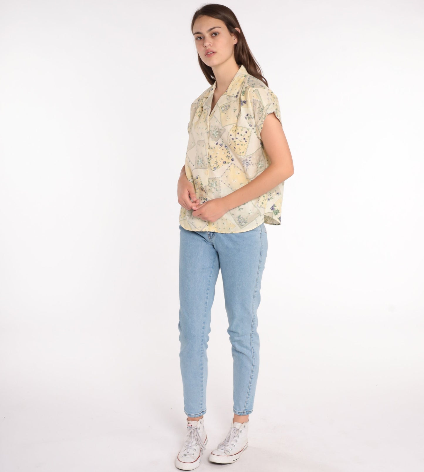 80s Tap & Co Floral Button-Up Blouse Yellow Cap Sleeve Medium