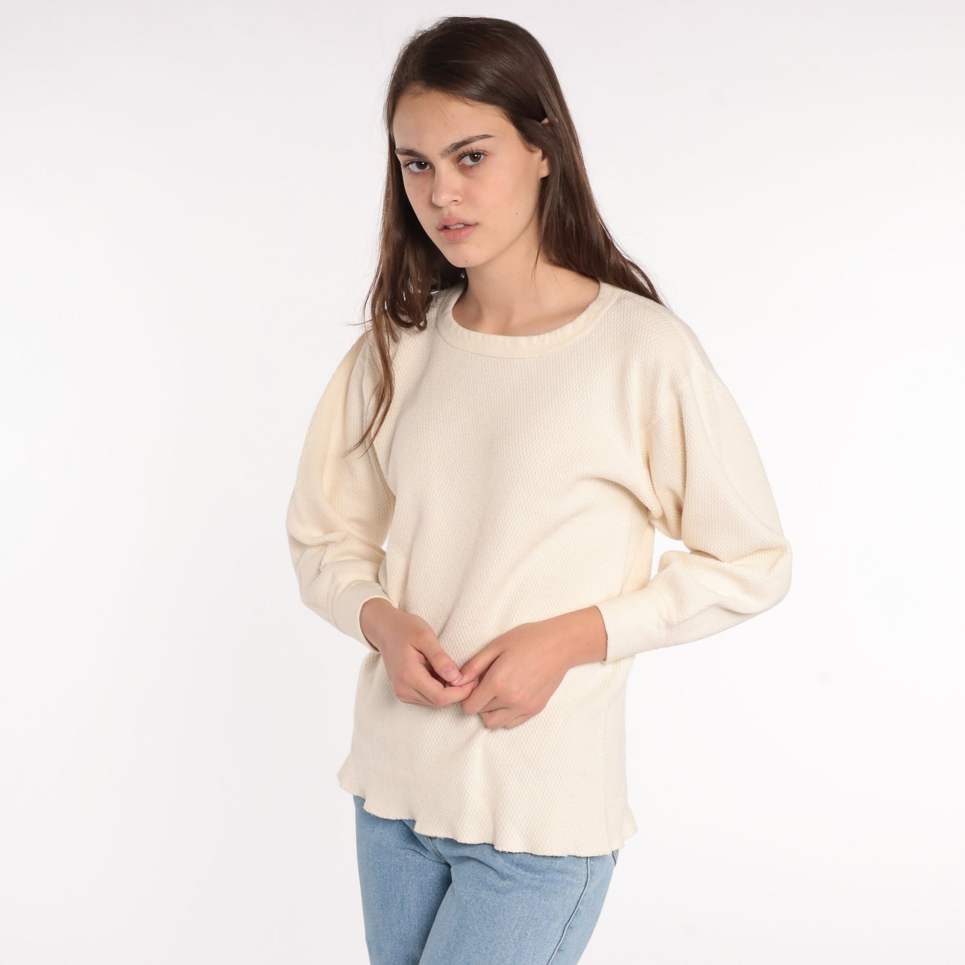 70s Cream Thermal Waffle Knit Long Sleeve Shirt Medium