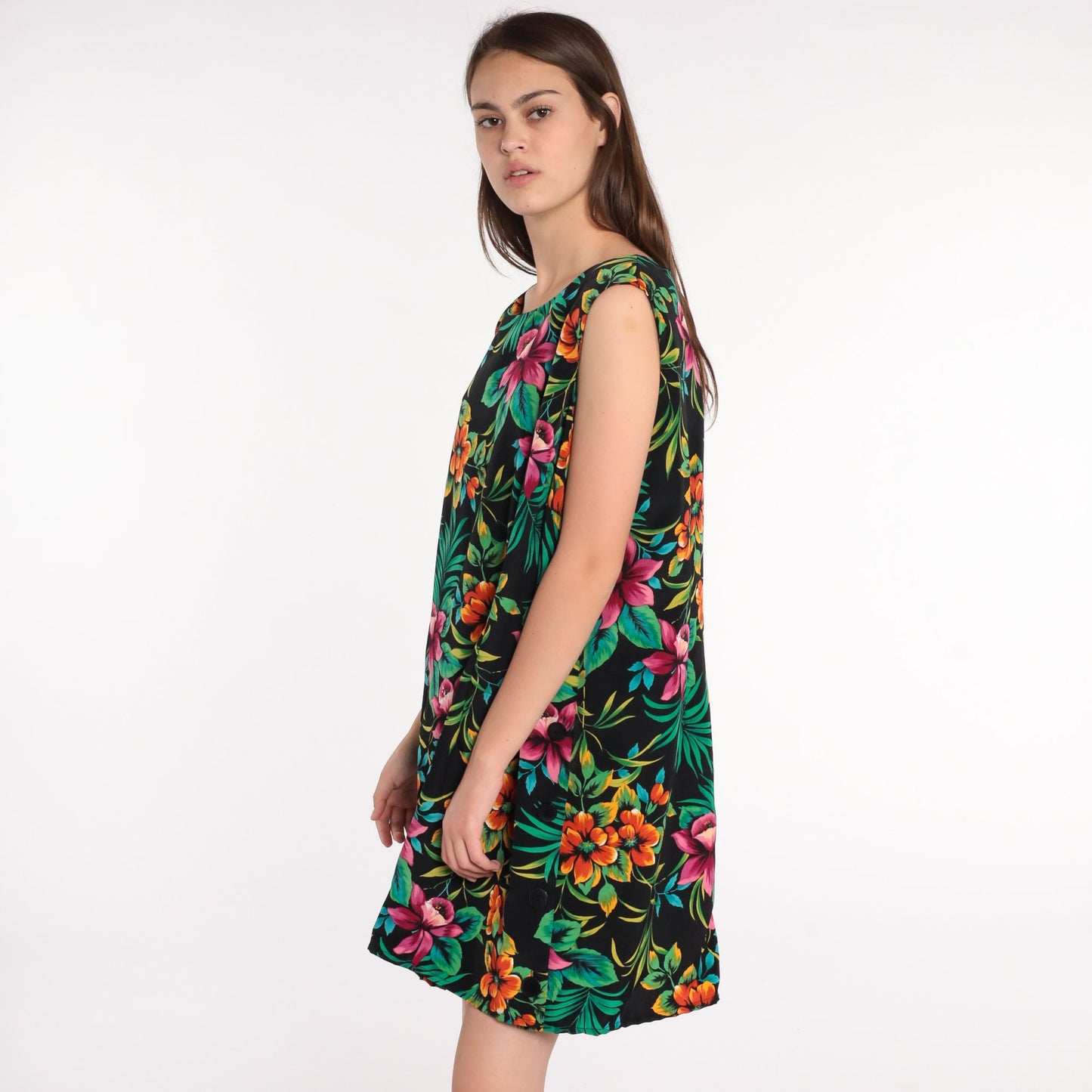 90s Floral Tropical Mini Dress Shift Sleeveless Hawaiian Print Plus Size XXL