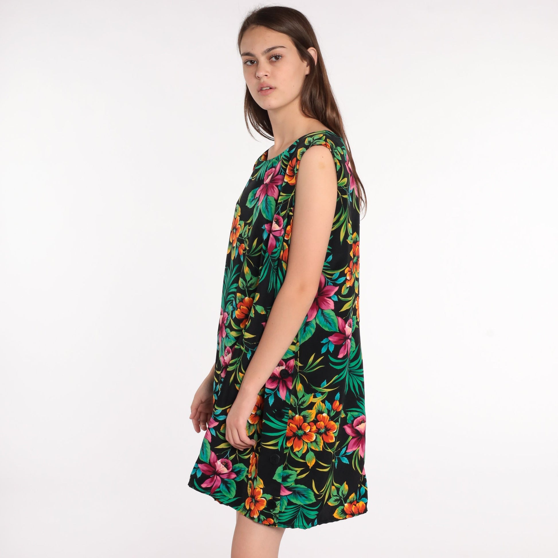 90s Floral Tropical Mini Dress Shift Sleeveless Hawaiian Print Plus Size XXL