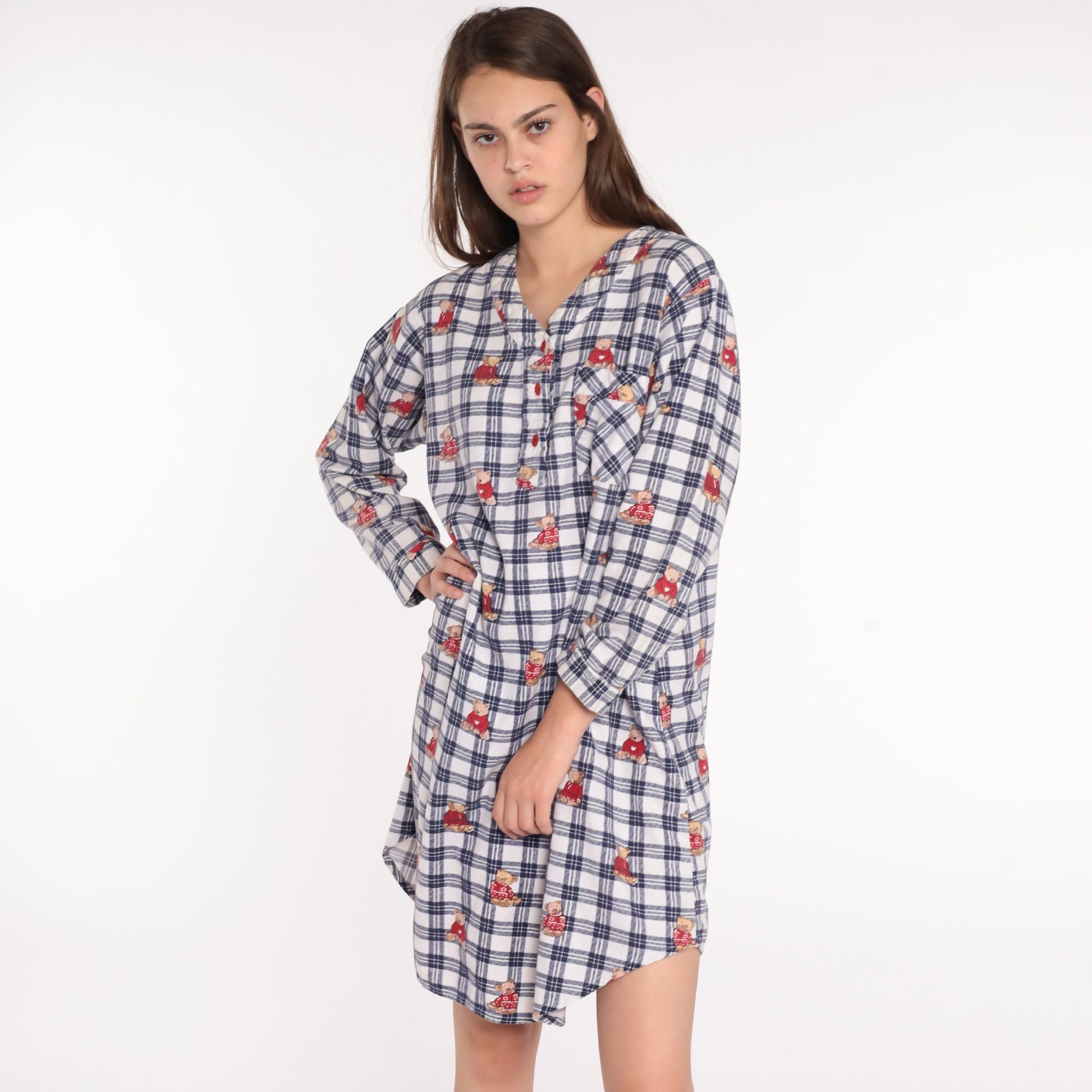 80s Teddy Bear Flannel Nightgown Checkered Pajama Dress Cotton Medium