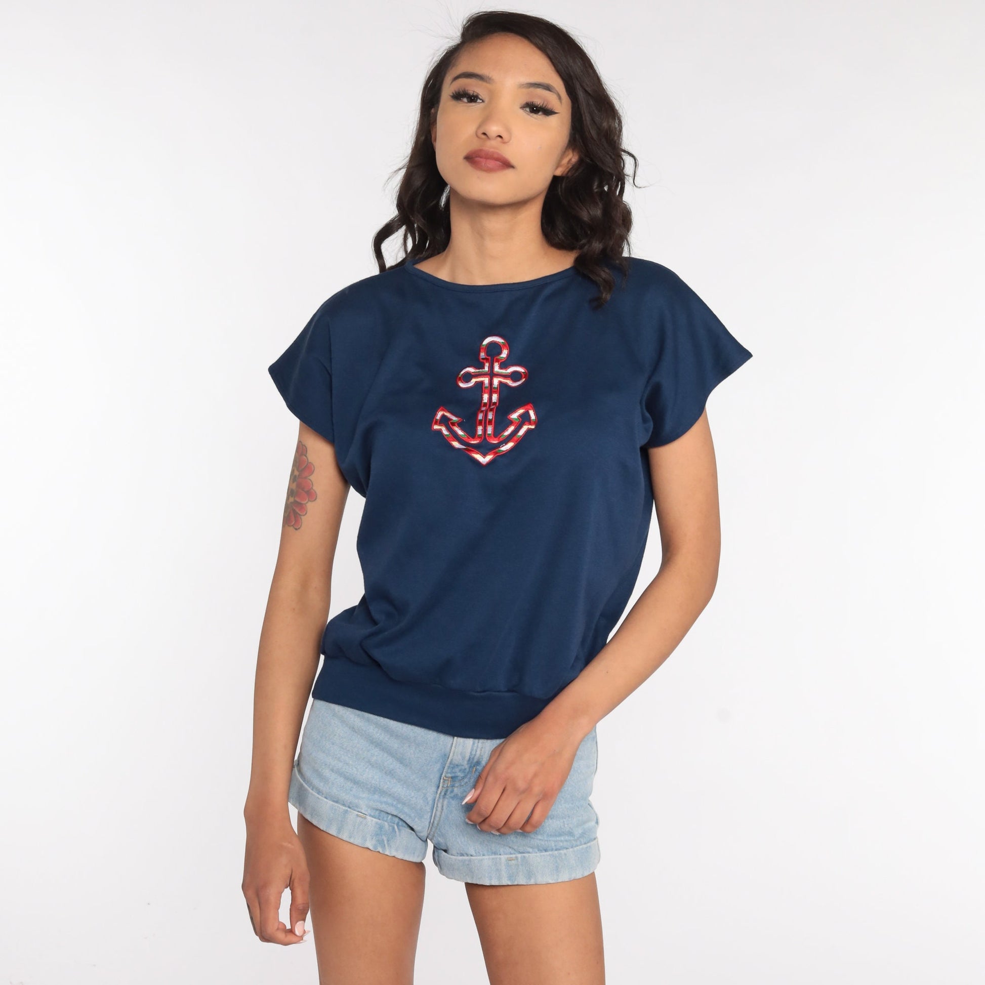 80s Navy Anchor Shirt Short Sleeve Slouchy Nautical Top Medium Large