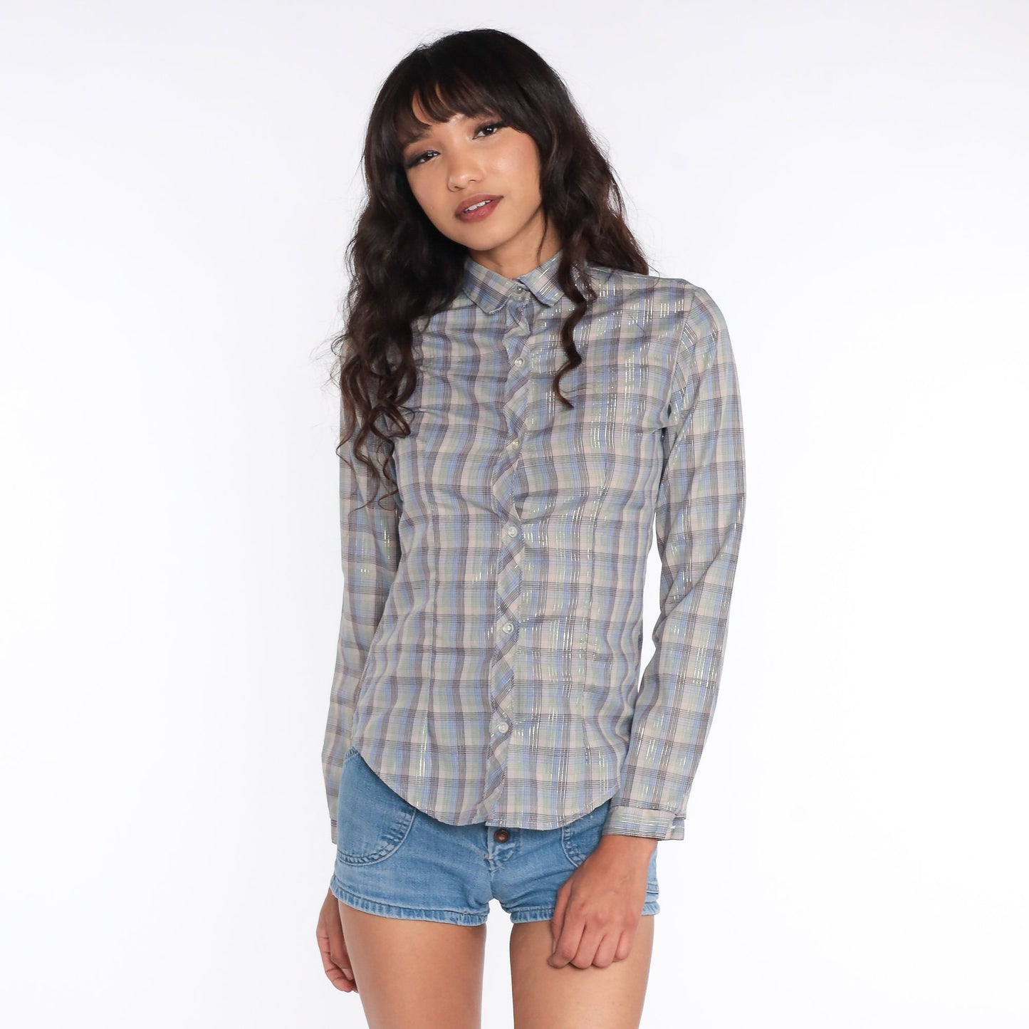 80s Plaid Blouse Metallic Stripes Button Down Long Sleeve Taupe Green Blue Small S
