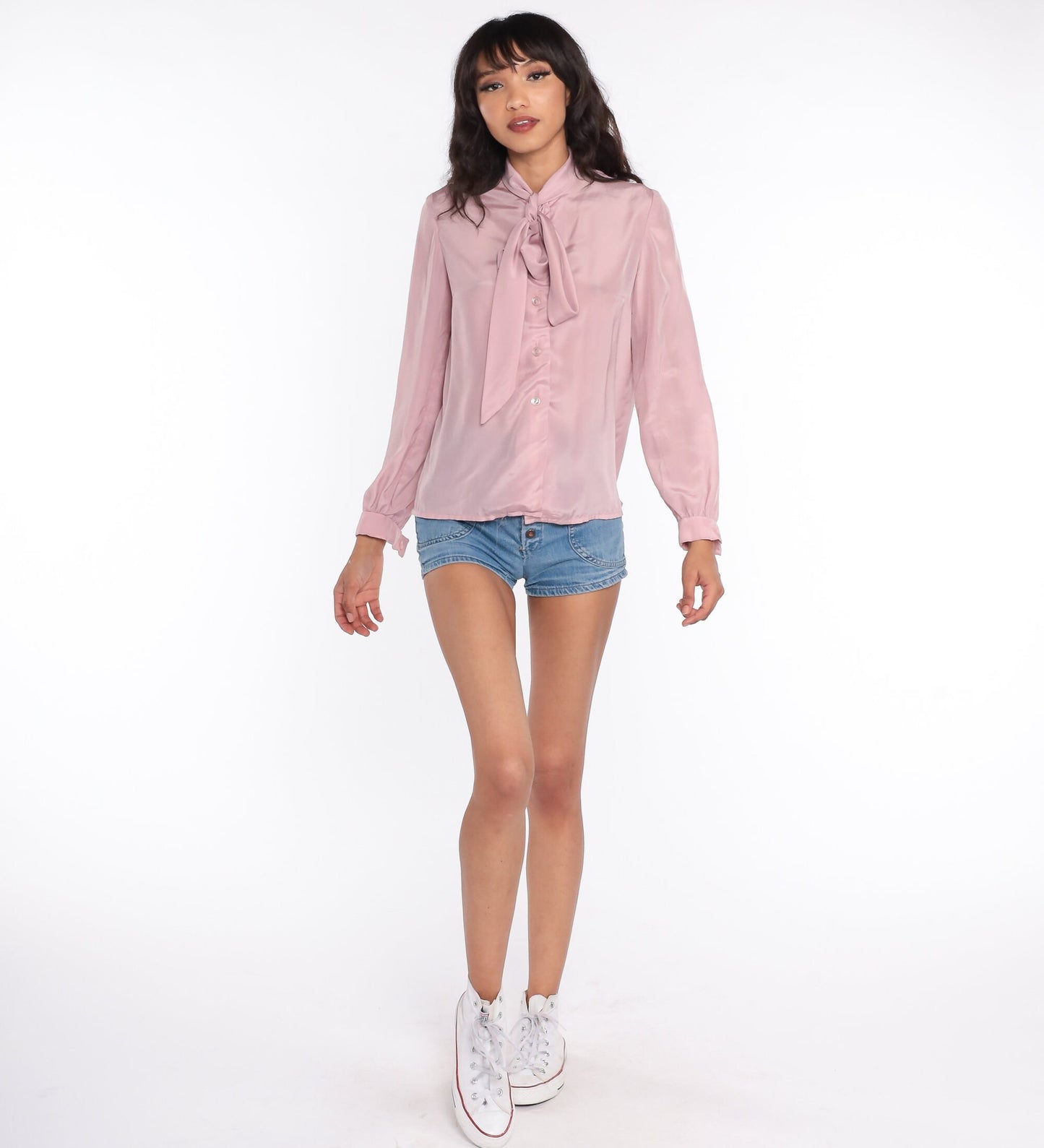 70s 80s Pink Ascot Bow Blouse Long Sleeve Button Up Medium