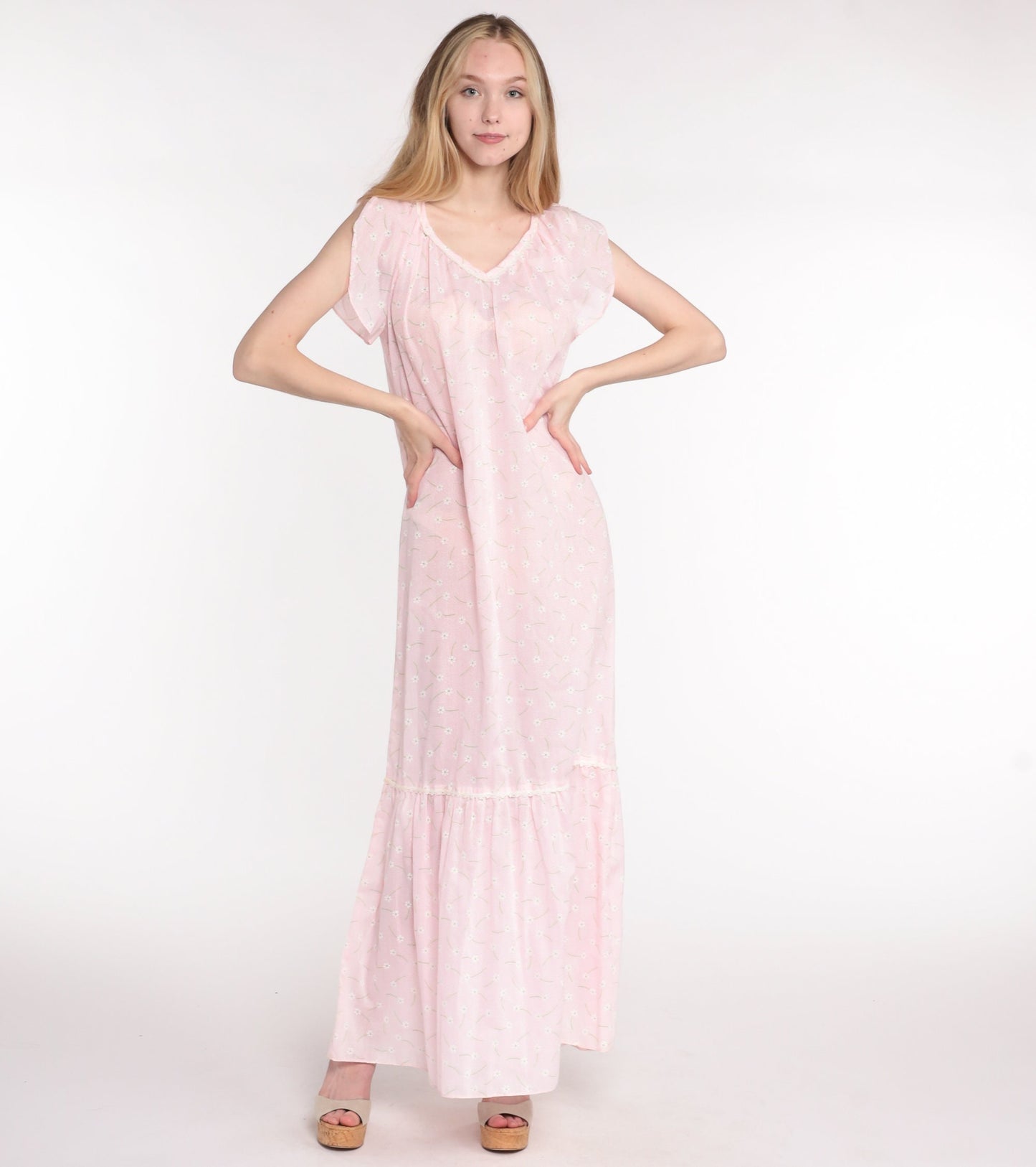 70s Pink Floral Maxi Dress Ditsy Print Semi-Sheer Cotton V-Neck Medium