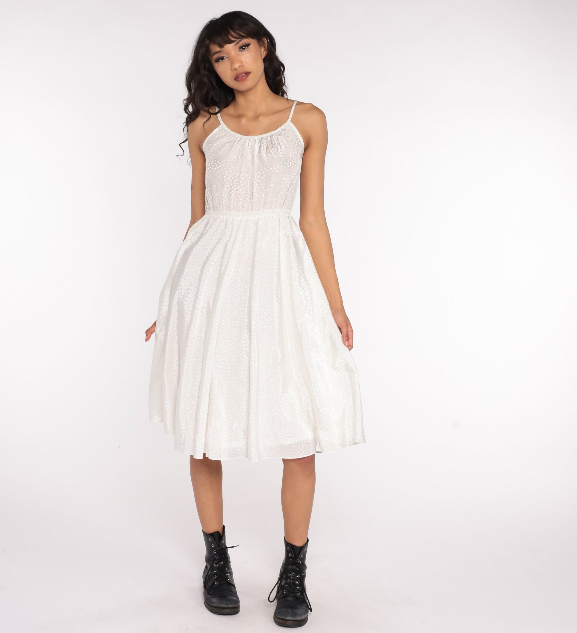 1970s White Polka Dot Grecian Midi Dress Spaghetti Strap High Waist Small