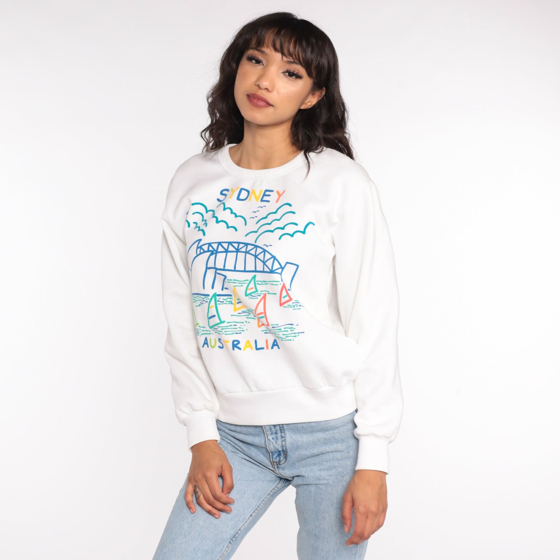 90s Sydney Opera House Harbour Bridge Sweatshirt White Graphic Crewneck Small