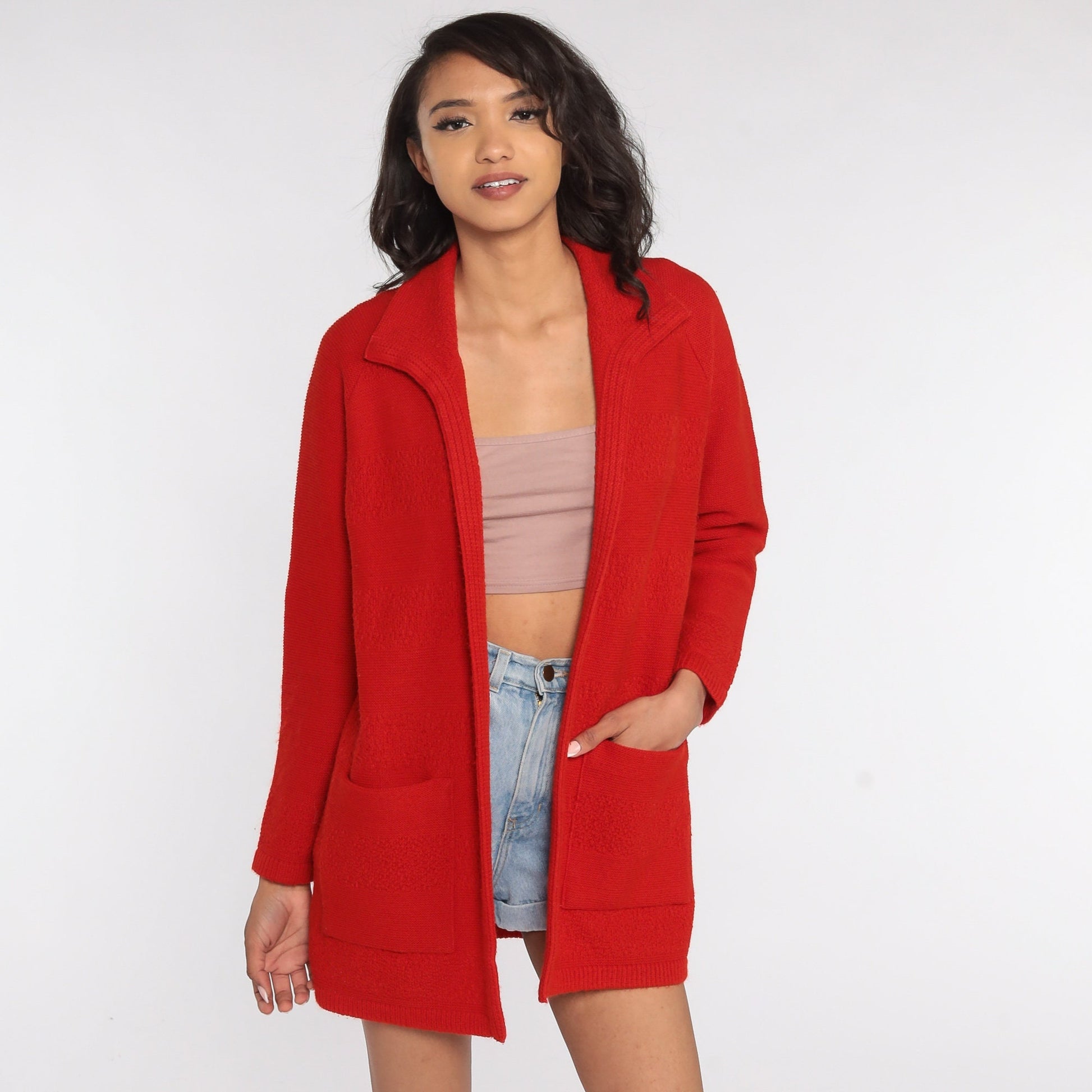 70s Red Cardigan Sweater Open Front Knit Large L