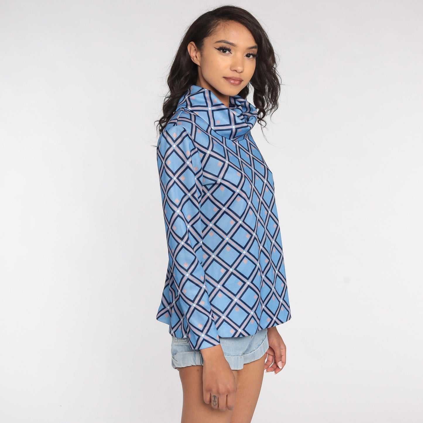 70s Blue Geometric Turtleneck Shirt Long Sleeve Top Medium