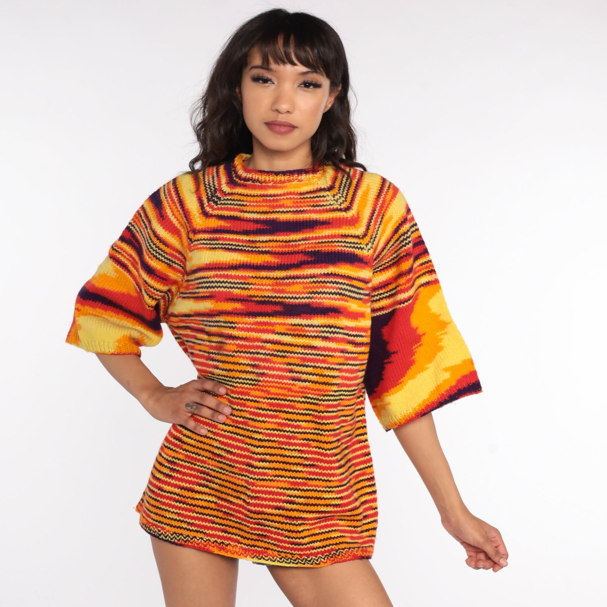 70s Space Dye Knit Sweater Wide Sleeve Pullover Orange Large L