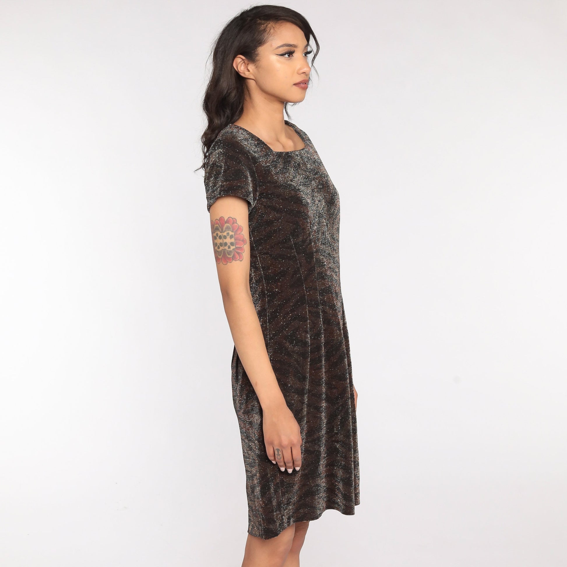 90s Metallic Tiger Stripe Mini Dress Short Sleeve Shift Minidress Medium