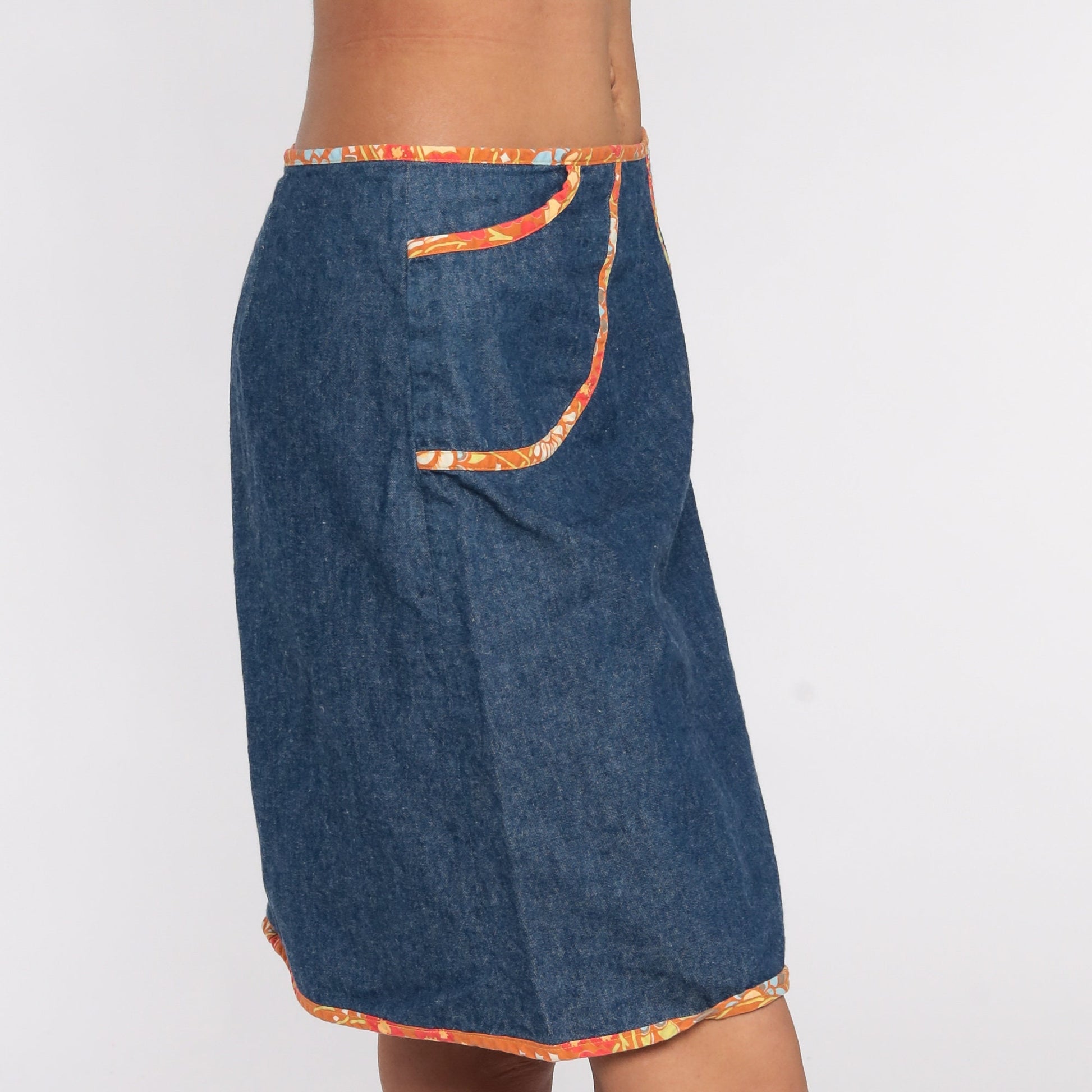 90s Denim Mini Skirt Floral Trim High Waisted Jean Skirt Medium
