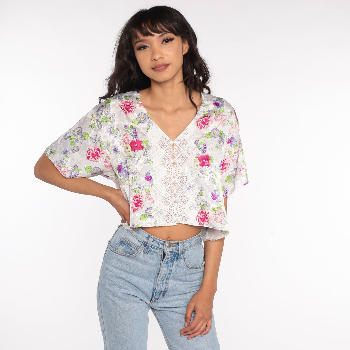 80s Floral Satin Lingerie Pajama Top Lace Crop Button-Up Large