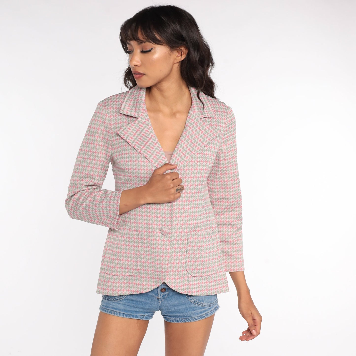 70s Checkered Blazer Pink Green Plaid Jacket Small