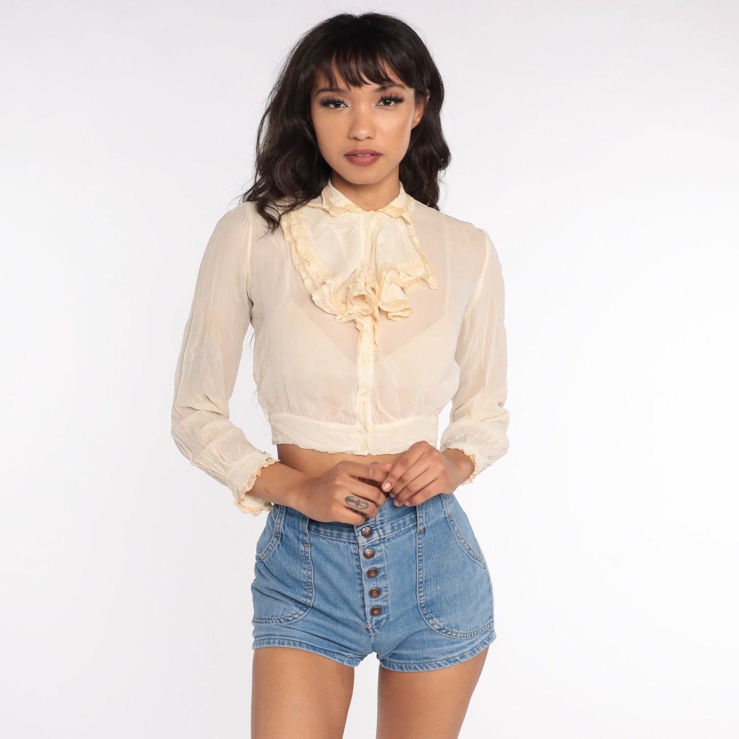 1940s Cream Chiffon Tuxedo Ruffle Blouse Crop Top Button Up Extra Small