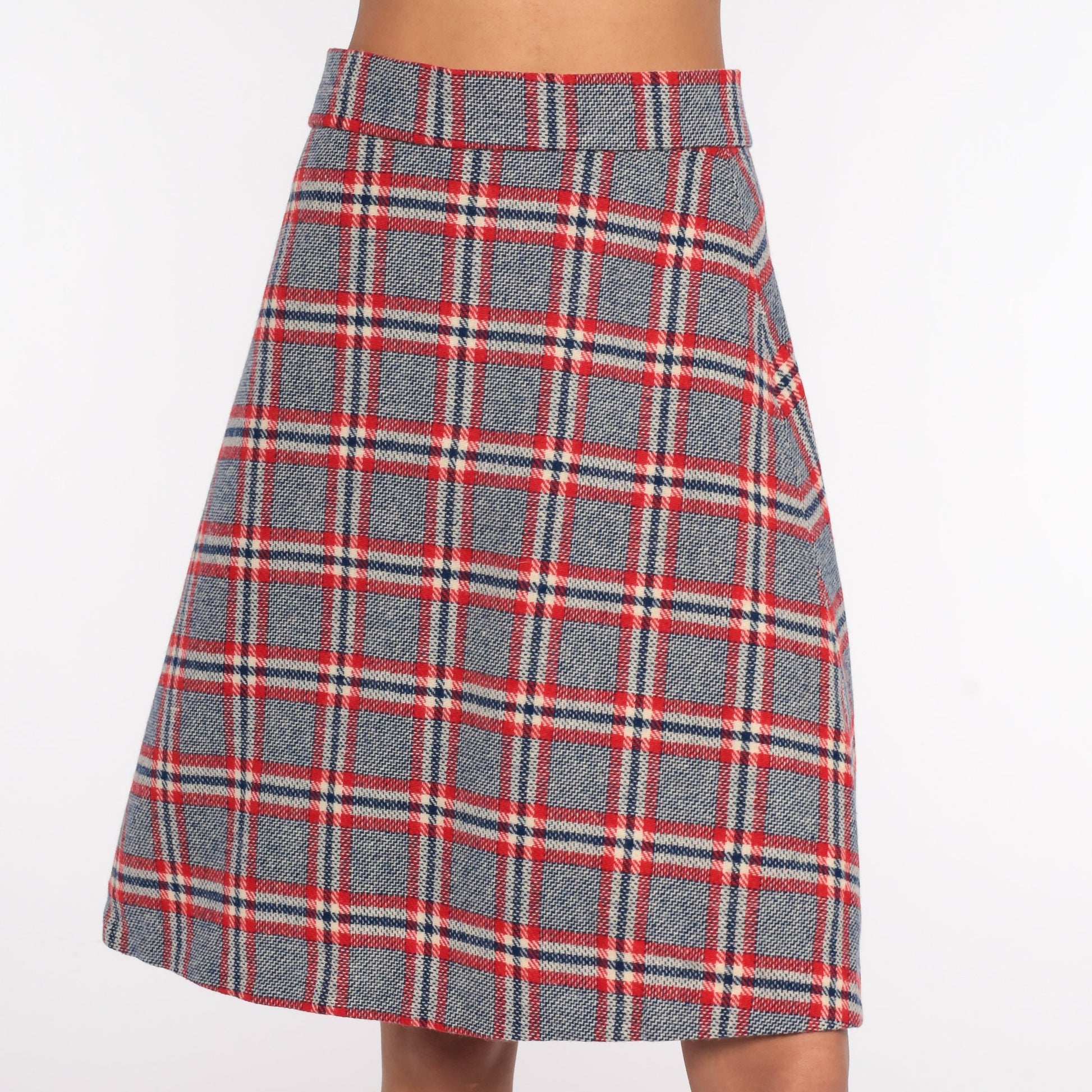 70s Grey Red Checkered Midi Skirt High Waisted Plaid Small