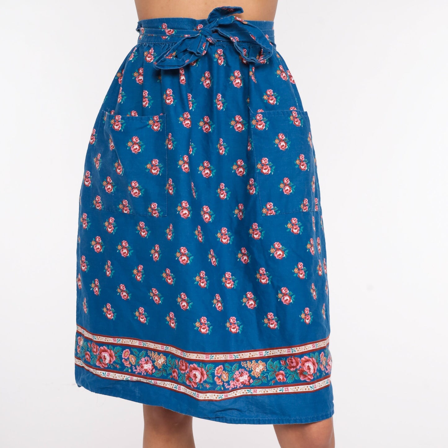 70s Floral Wrap Skirt Midi Blue Print Cotton High Waist Small Medium