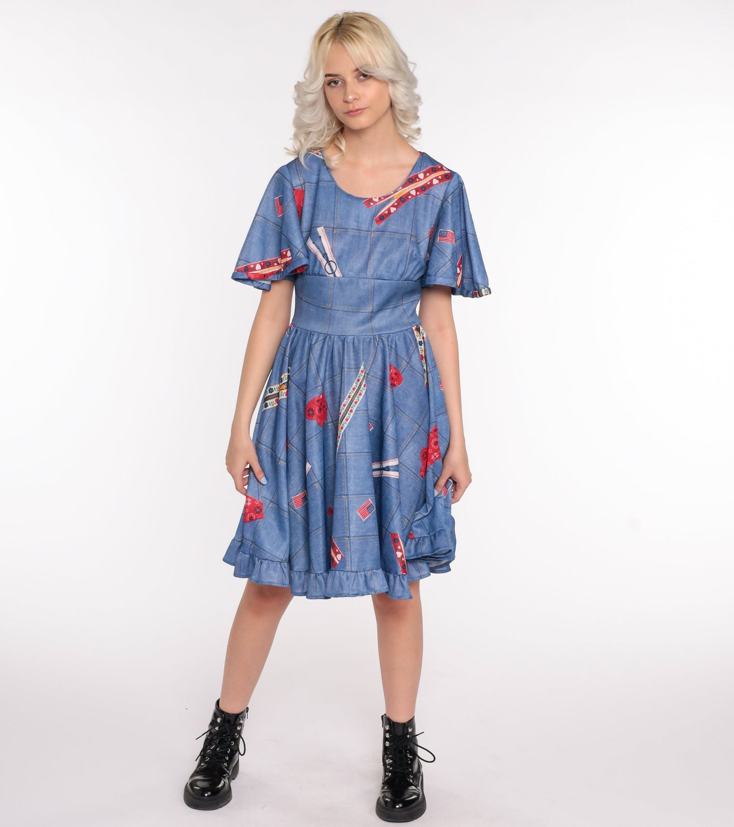 70s Babydoll Mini Dress Heart Zipper Flag Novelty Print Blue Small
