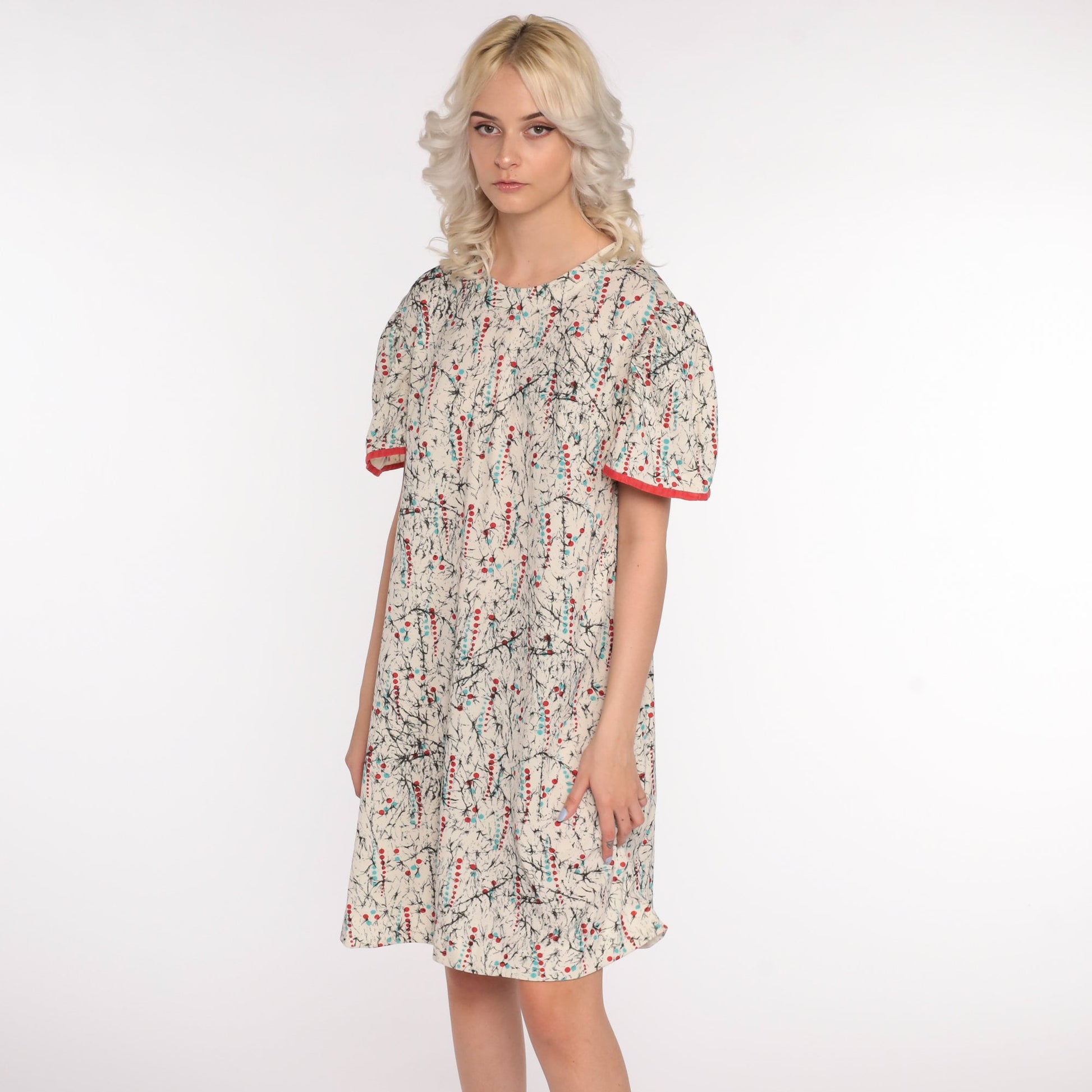 80s Polka Dot Puff Sleeve Shift Dress Cream Mini Extra Large XXL
