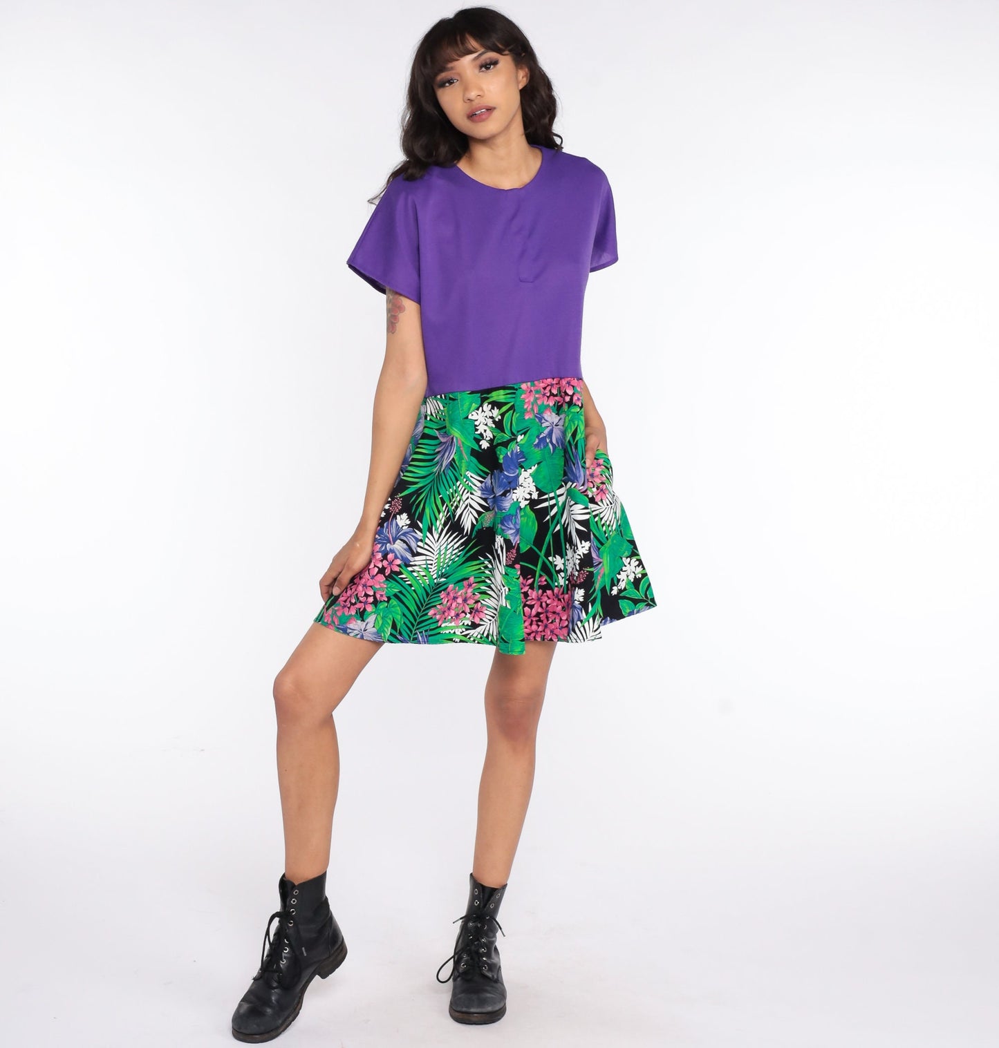 80s Tropical Floral Mini Dress Purple Bodice High Waisted Cap Sleeve Medium